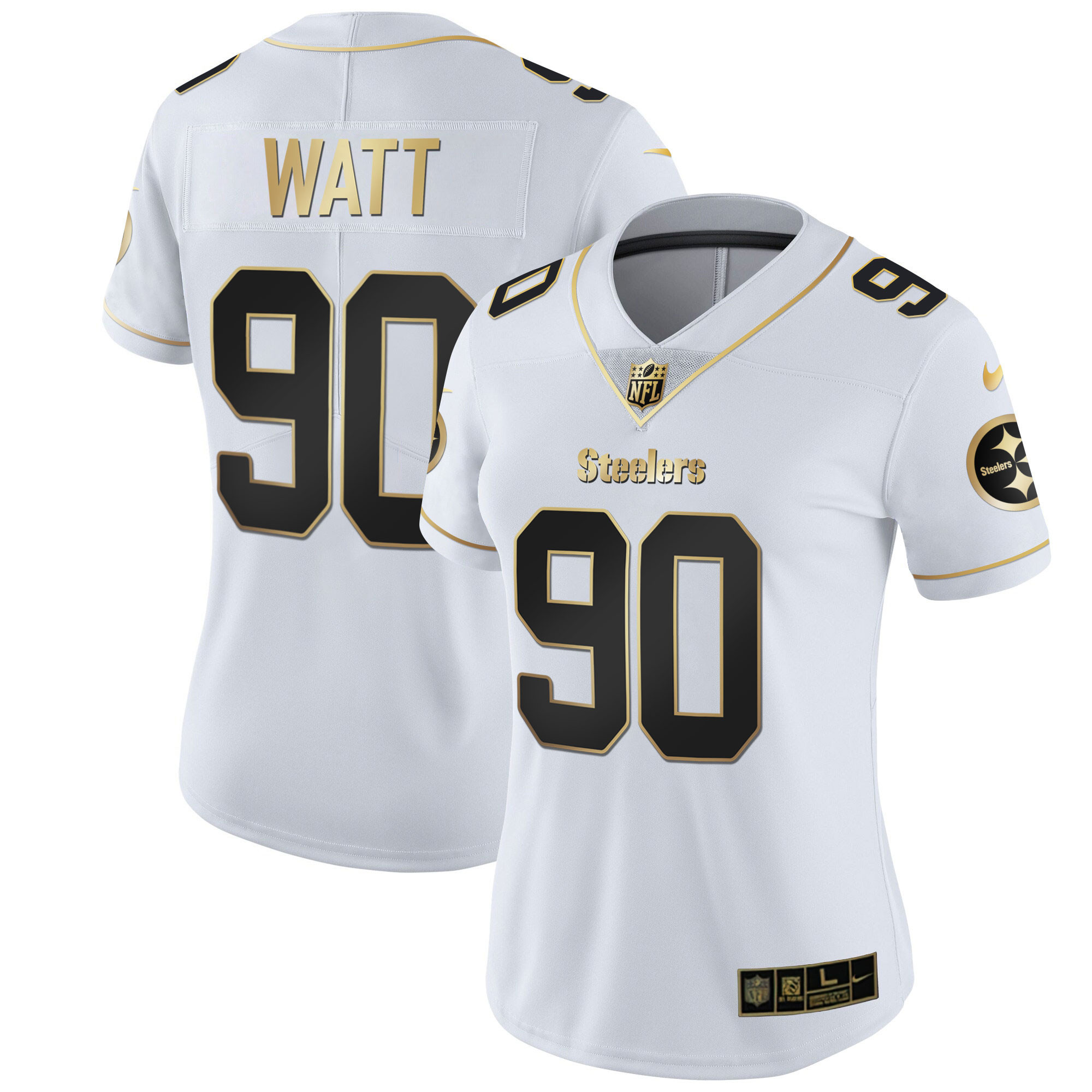 T. J. Watt Women's Pittsburgh Steelers White Gold & Black Gold - All Stitched White Gold Jersey - All Stitched