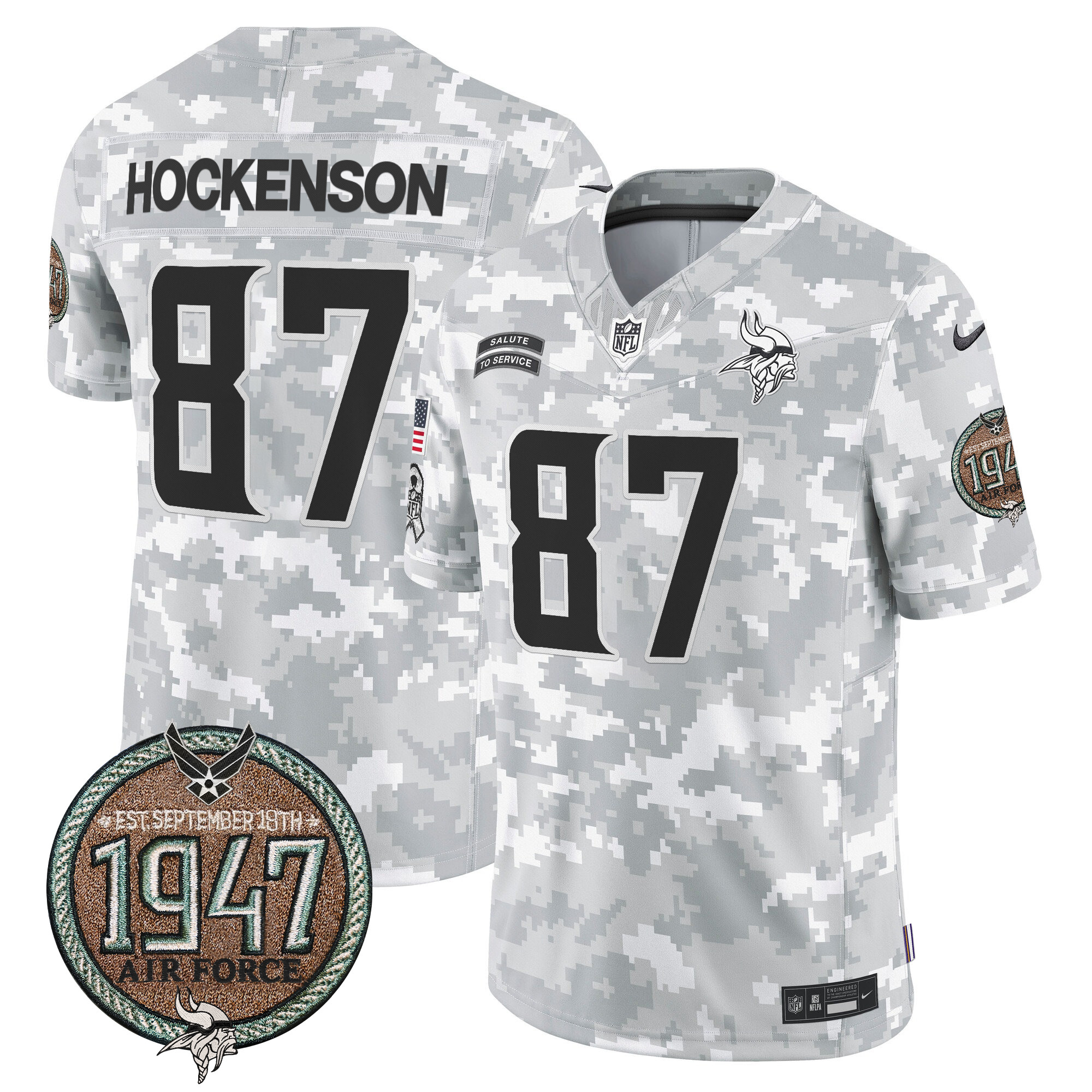 T.J. Hockenson Men's Minnesota Vikings 2024 Salute to Service Establishment Year Patch Vapor Limited Air Force Jersey - All Stitched