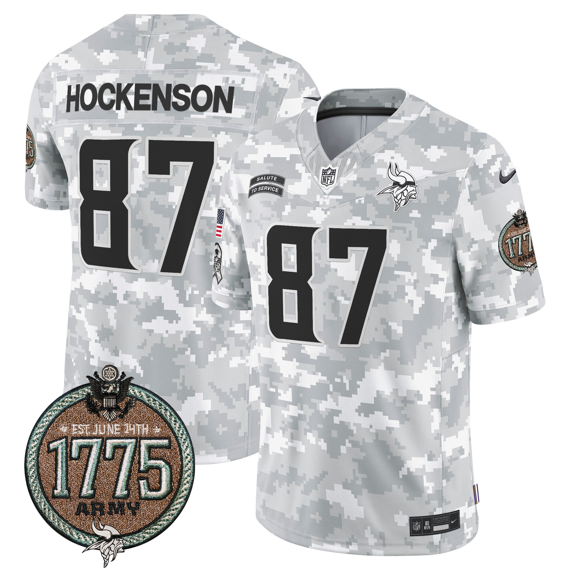 T.J. Hockenson Men's Minnesota Vikings 2024 Salute to Service Establishment Year Patch Vapor Limited Army Jersey - All Stitched