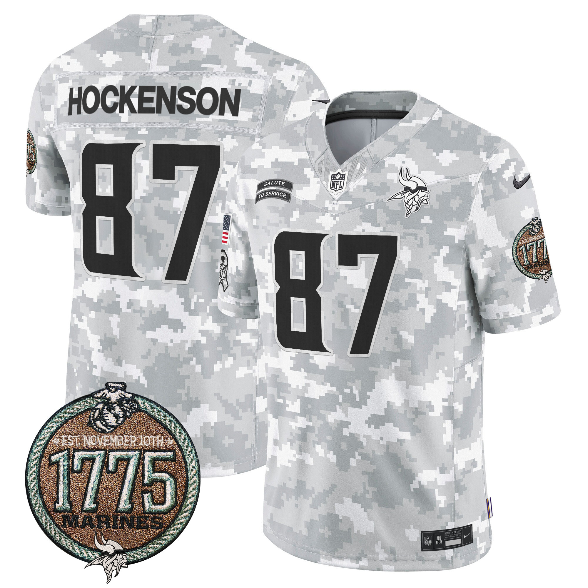 T.J. Hockenson Men's Minnesota Vikings 2024 Salute to Service Establishment Year Patch Vapor Limited Marines Jersey - All Stitched