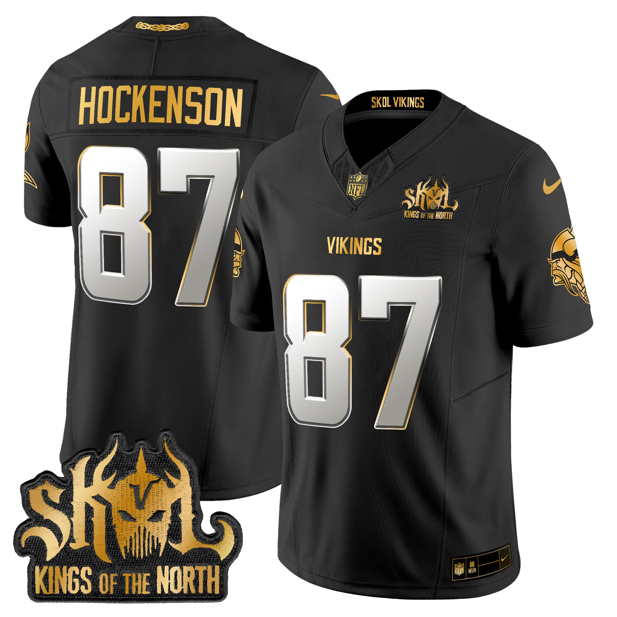 T.J. Hockenson Men's Minnesota Vikings 2024 Winter Warrior Skol Patch Gold Vapor Limited Black Limited Jersey - All Stitched