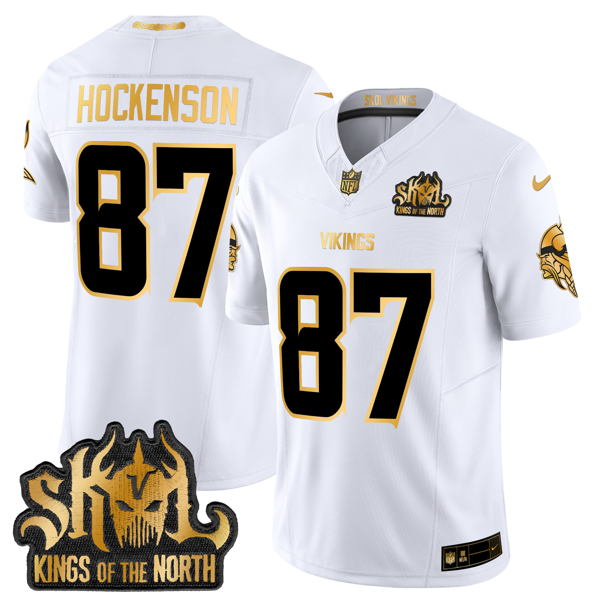 T.J. Hockenson Men's Minnesota Vikings 2024 Winter Warrior Skol Patch Gold Vapor Limited White Gold Jersey - All Stitched