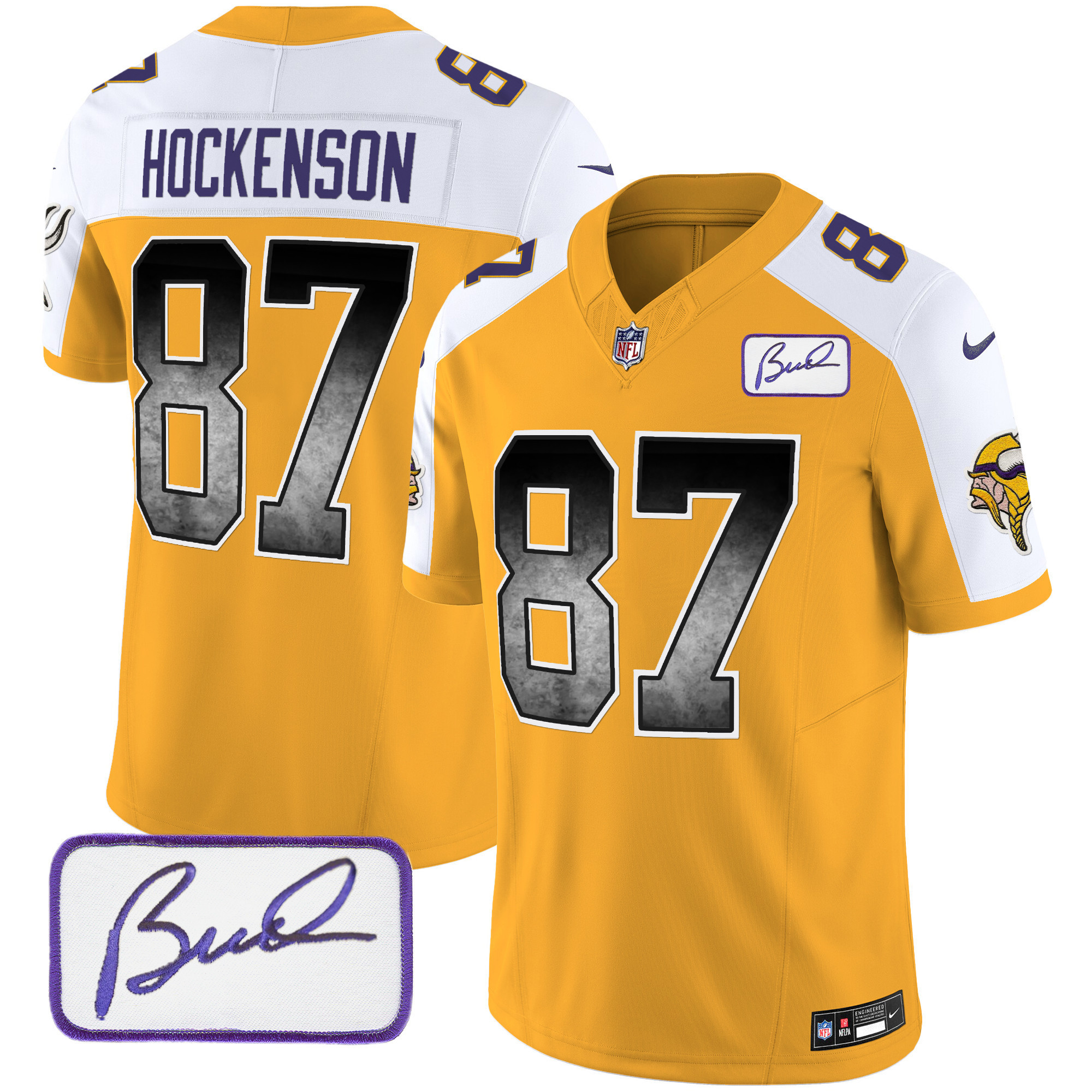 T.J. Hockenson Men's Minnesota Vikings Bud Grant Patch Arch Smoke Vapor Gold Alternate Jersey - All Stitched
