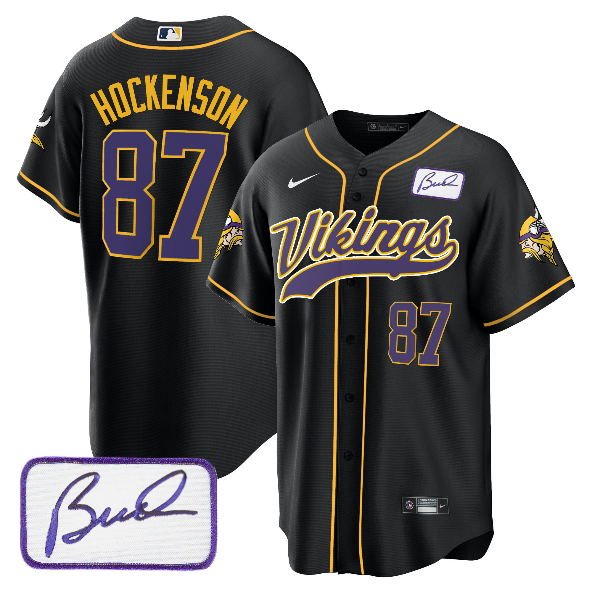 T.J. Hockenson Men's Minnesota Vikings Bud Grant Patch Classic Baseball Black Jersey - All Stitched