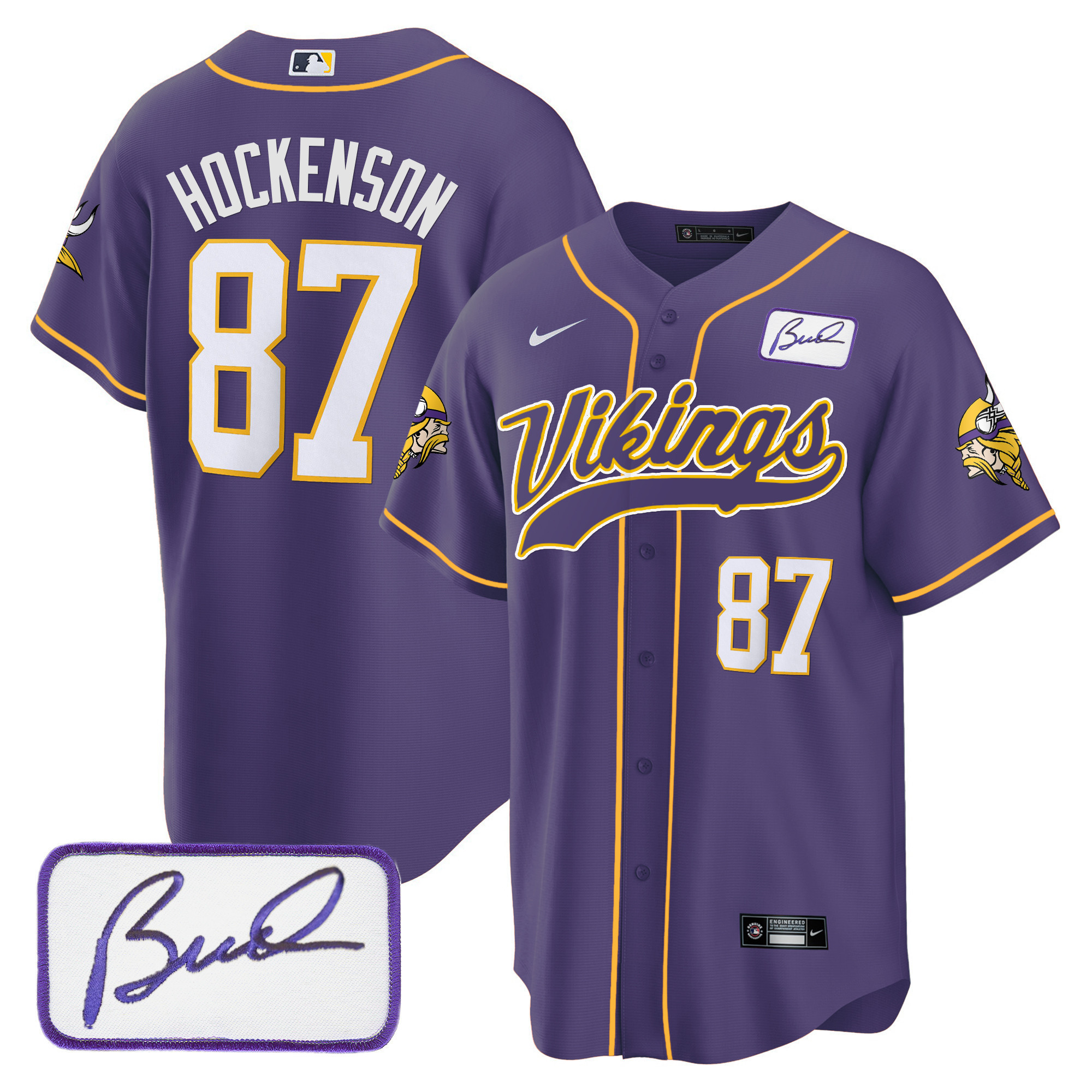 T.J. Hockenson Men's Minnesota Vikings Bud Grant Patch Classic Baseball Purple Jersey - All Stitched
