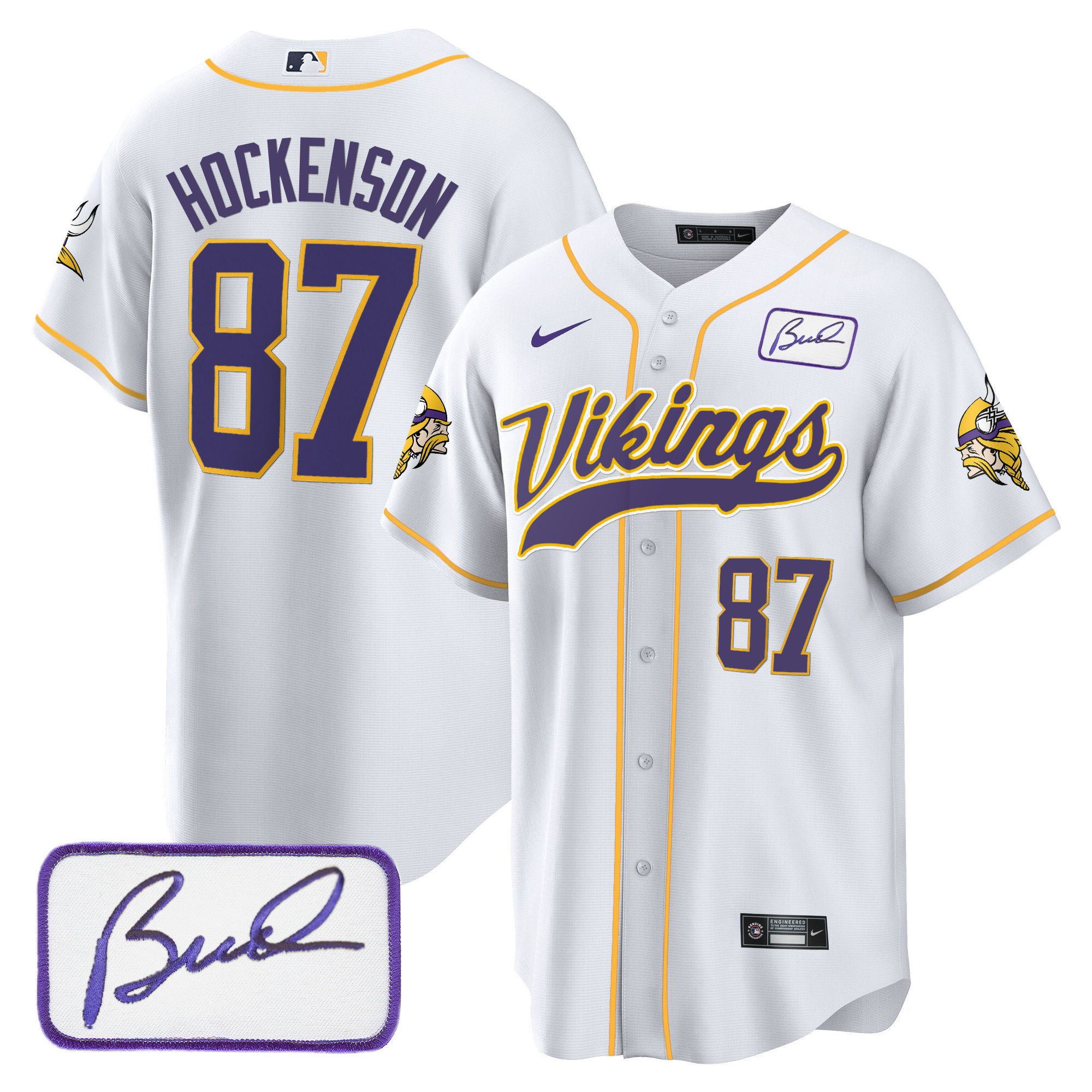 T.J. Hockenson Men's Minnesota Vikings Bud Grant Patch Classic Baseball White Jersey - All Stitched