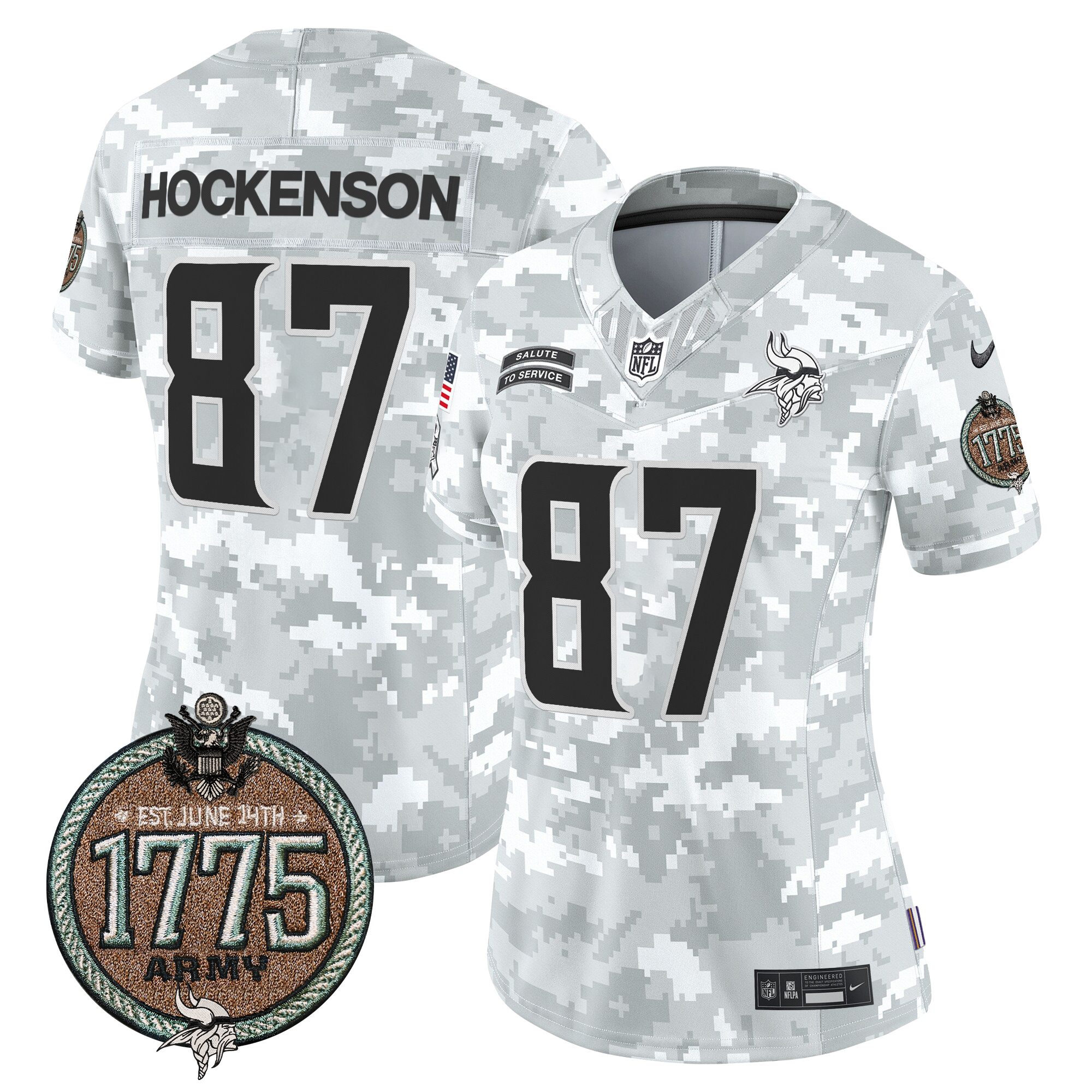 T.J. Hockenson Women's Minnesota Vikings 2024 Salute to Service Establishment Year Patch Vapor Limited Army Jersey - All Stitched