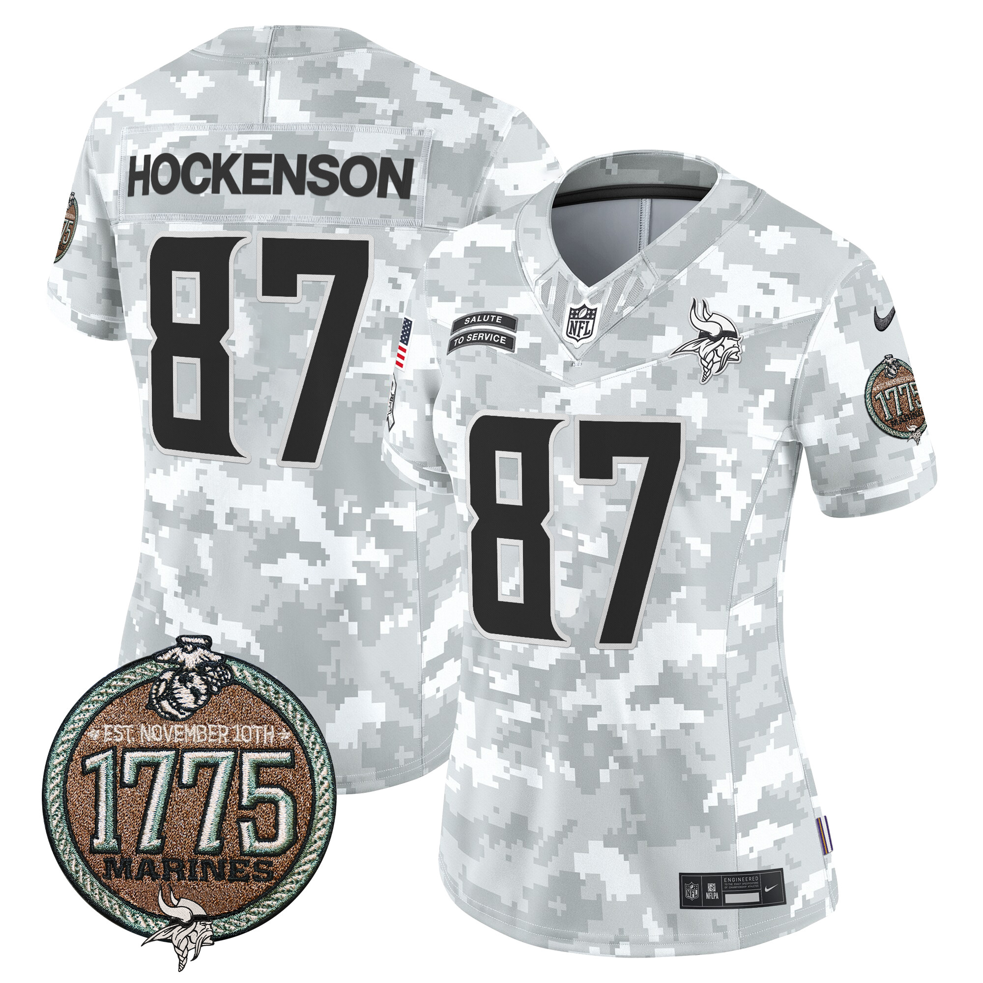 T.J. Hockenson Women's Minnesota Vikings 2024 Salute to Service Establishment Year Patch Vapor Limited Marines Jersey - All Stitched
