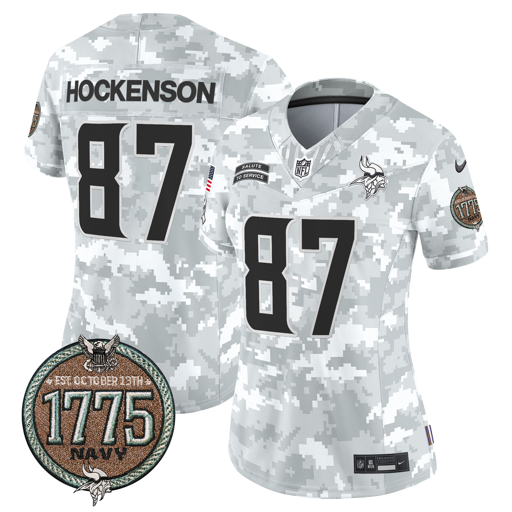 T.J. Hockenson Women's Minnesota Vikings 2024 Salute to Service Establishment Year Patch Vapor Limited Navy Jersey - All Stitched
