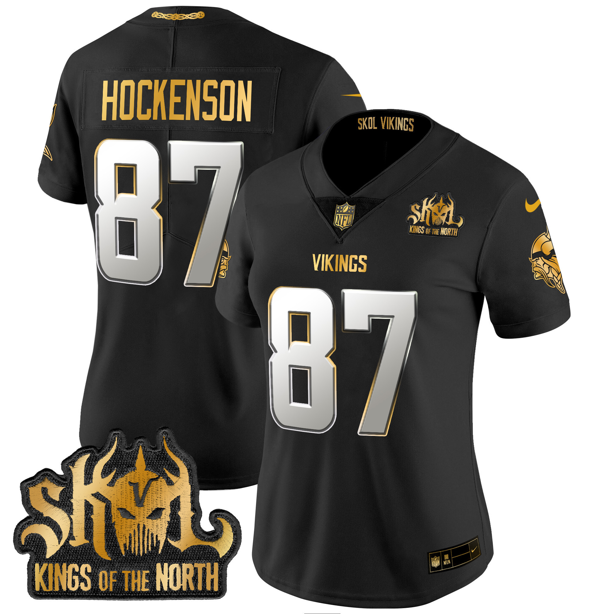 T.J. Hockenson Women's Minnesota Vikings 2024 Winter Warrior Skol Patch Gold Vapor Limited Black Limited Jersey - All Stitched