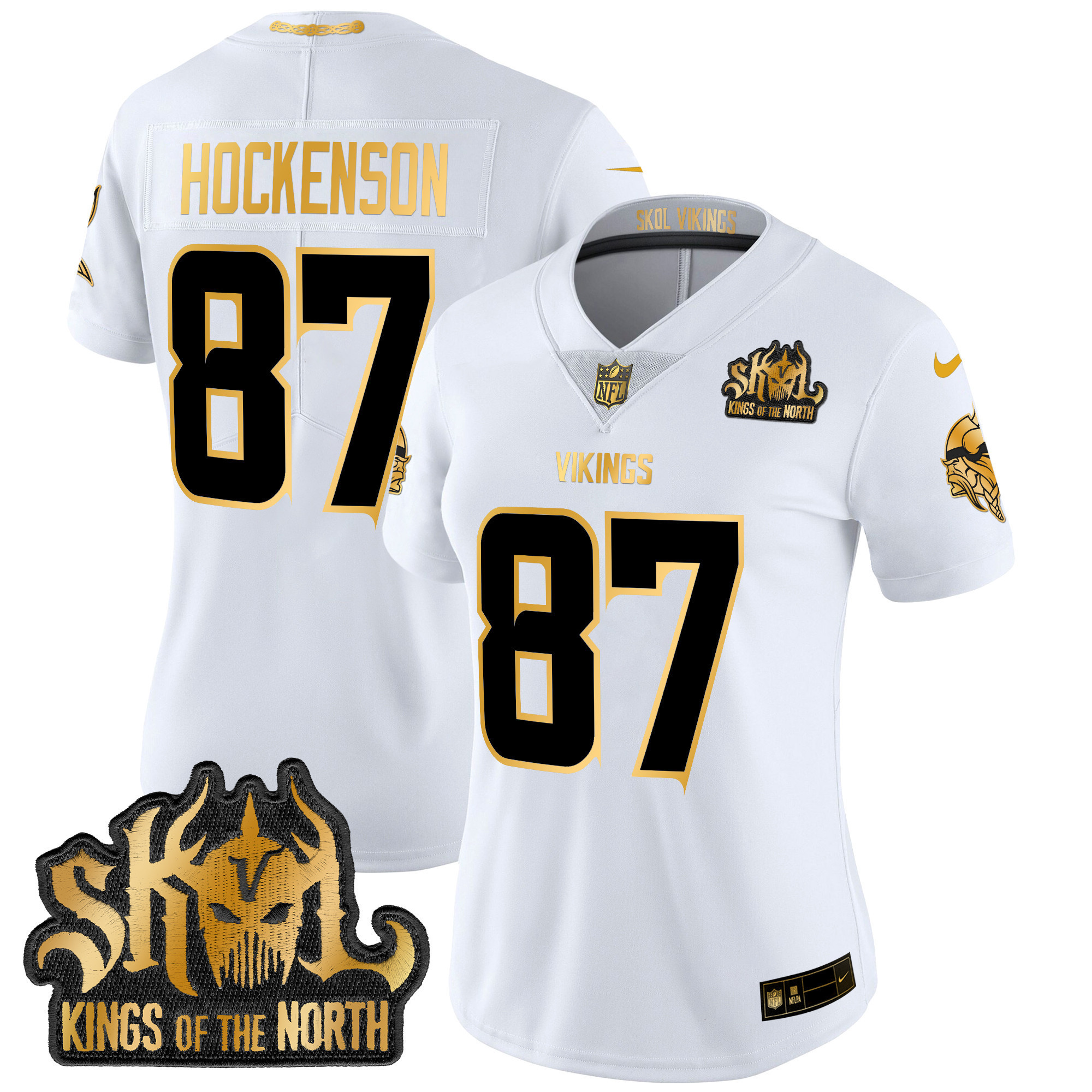 T.J. Hockenson Women's Minnesota Vikings 2024 Winter Warrior Skol Patch Gold Vapor Limited White Gold Jersey - All Stitched