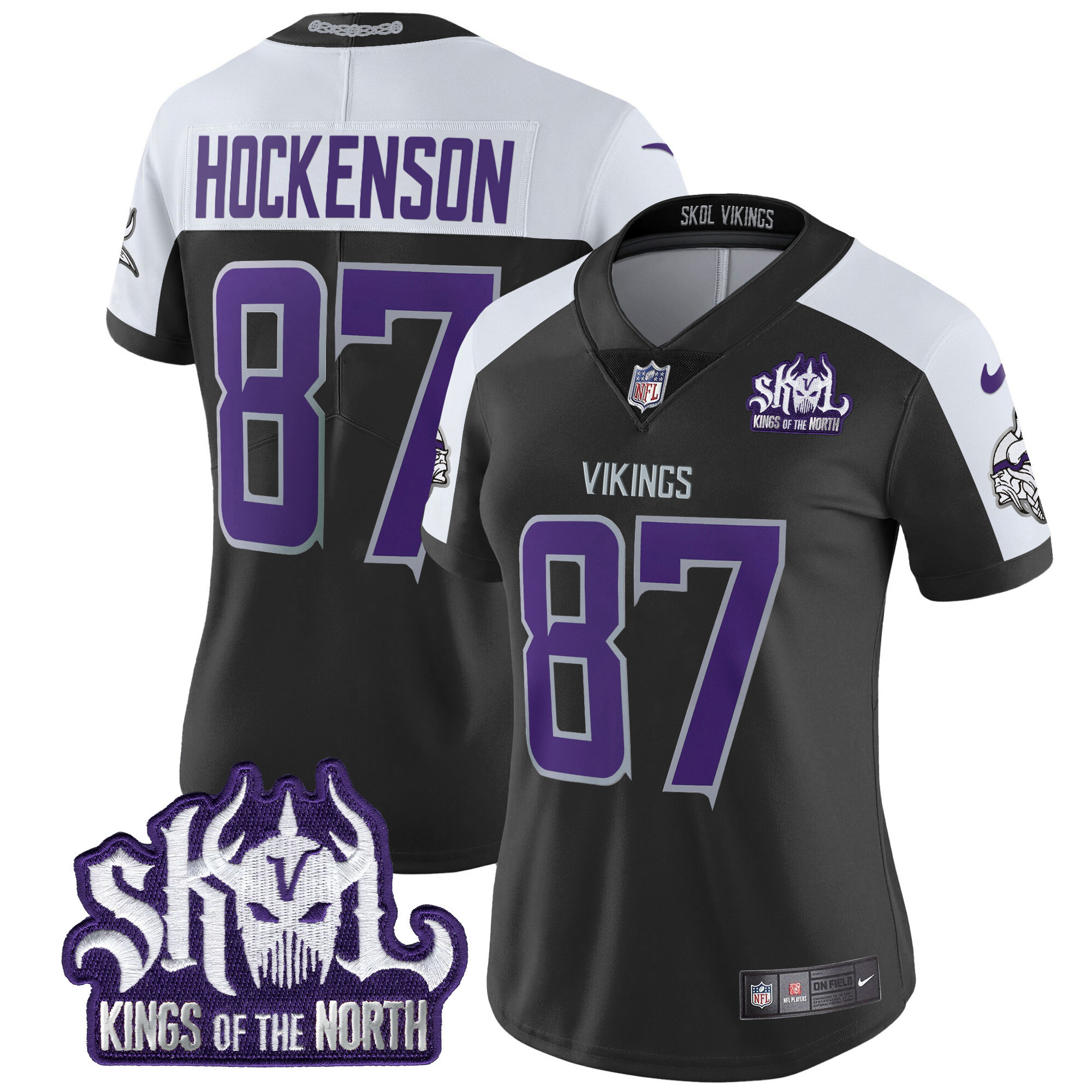 T.J. Hockenson Women's Minnesota Vikings 2024 Winter Warrior Skol Patch Vapor Limited Black Alternate Jersey - All Stitched