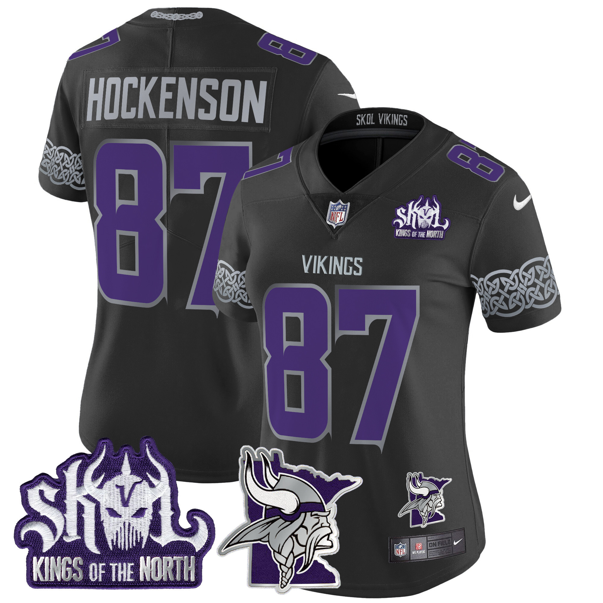 T.J. Hockenson Women's Minnesota Vikings 2024 Winter Warrior Skol Patch Vapor Limited Black Jersey - All Stitched