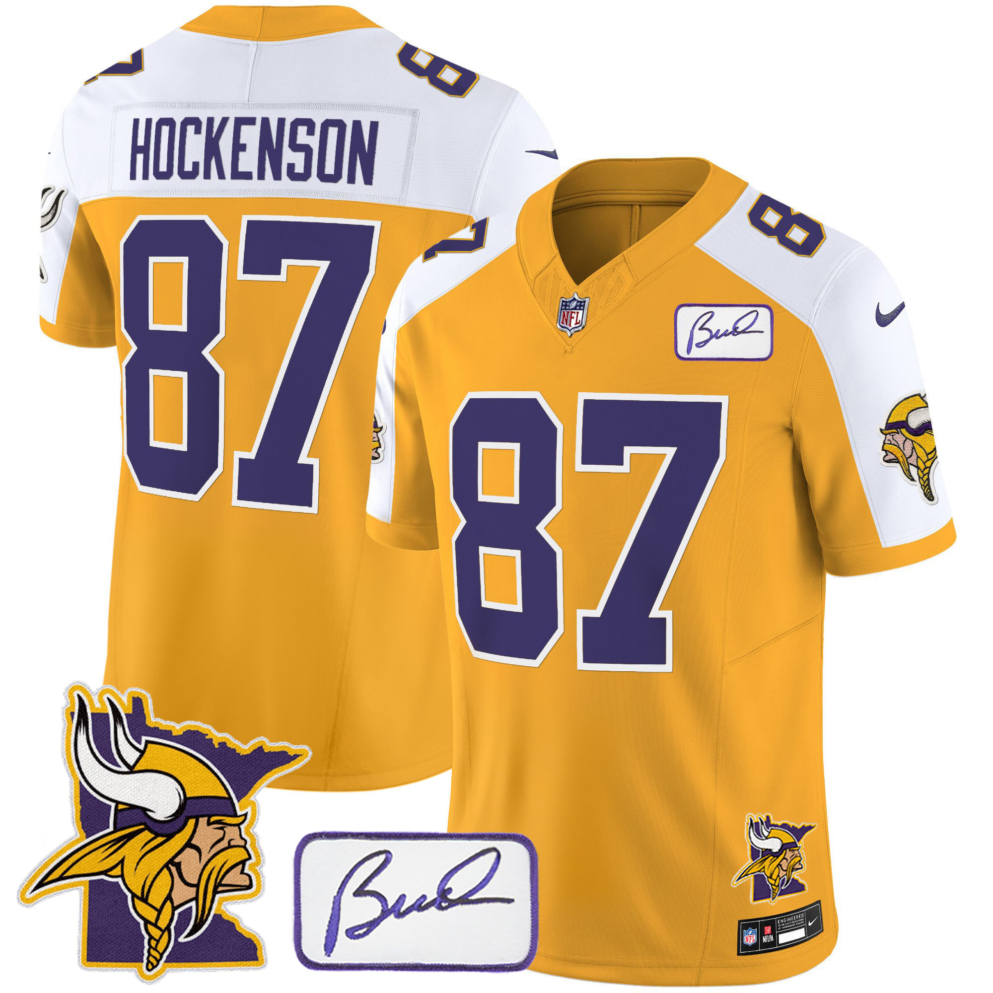 T.J.Hockenson Men's Minnesota Vikings Bud Grant & Minnesota Patch Classic Limited Gold Alternate Jersey - All Stitched