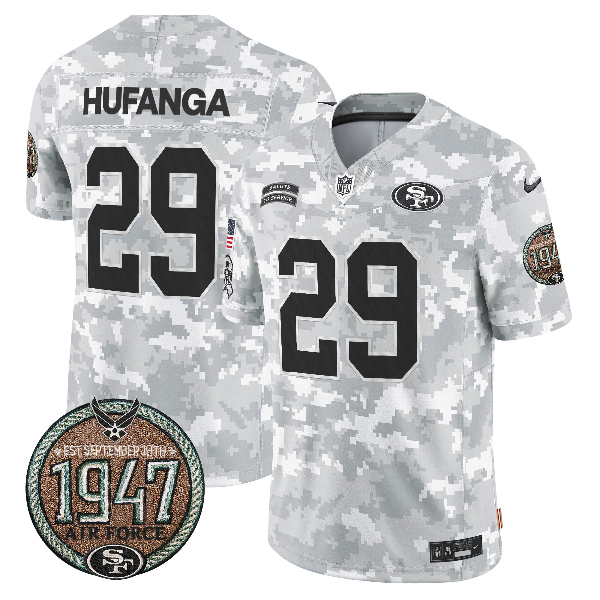 Talanoa Hufanga Men's San Francisco 49ers 2024 Salute to Service Establishment Year Patch Vapor Limited Air Force Jersey - All Stitched