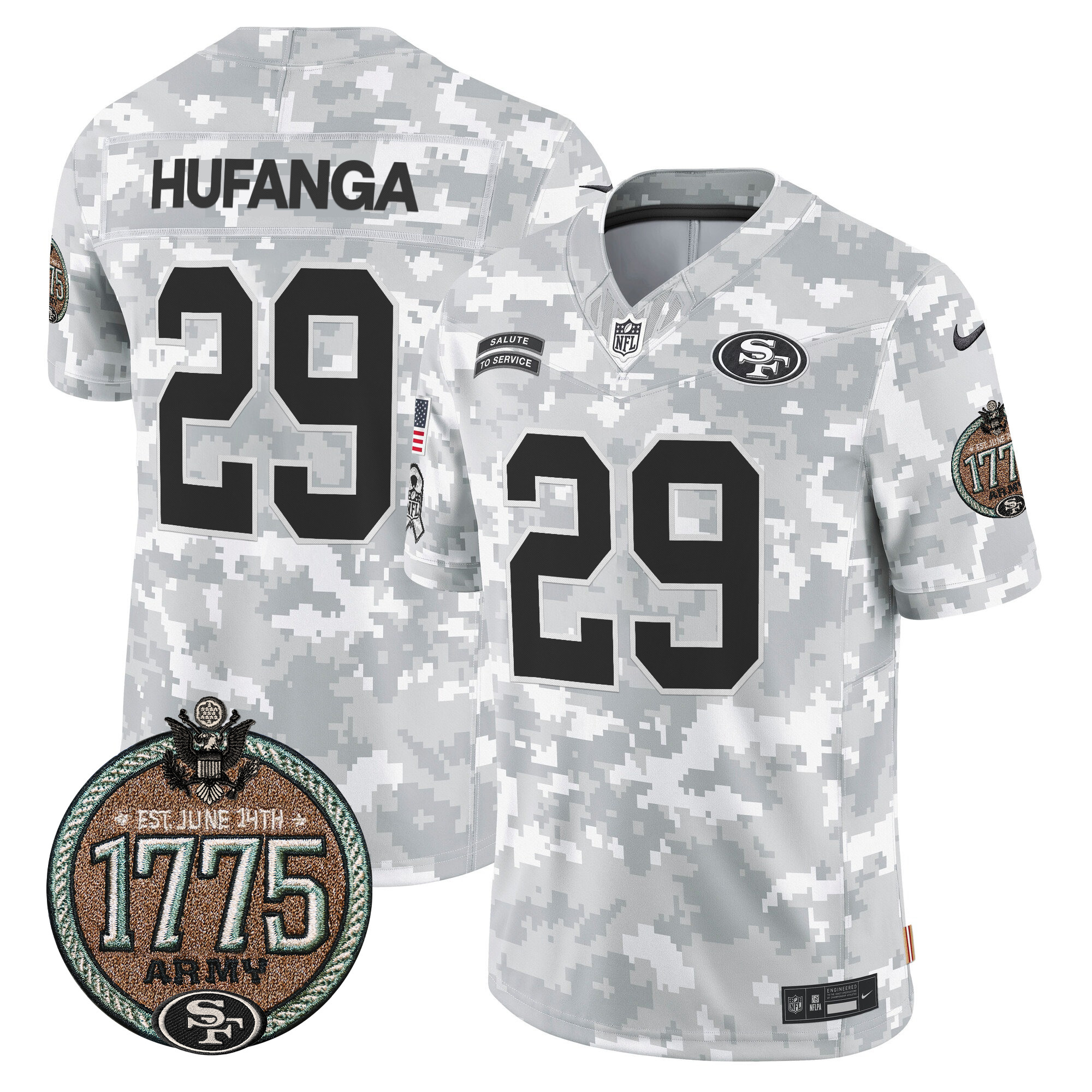 Talanoa Hufanga Men's San Francisco 49ers 2024 Salute to Service Establishment Year Patch Vapor Limited Army Jersey - All Stitched