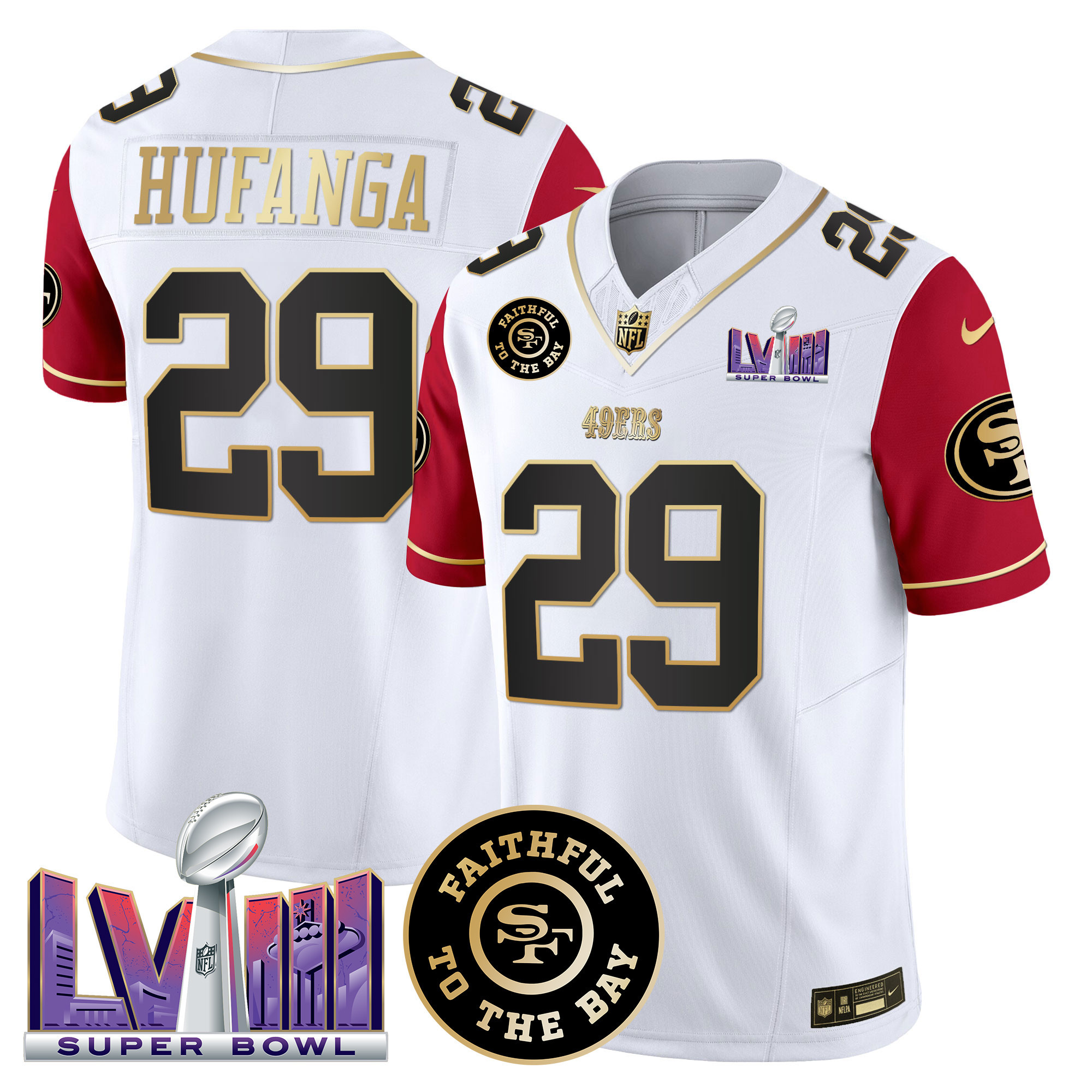 Talanoa Hufanga Men's San Francisco 49ers  Faithful & Super Bowl LVIII Patch Vapor Color Sleeves Jersey - All Stitched