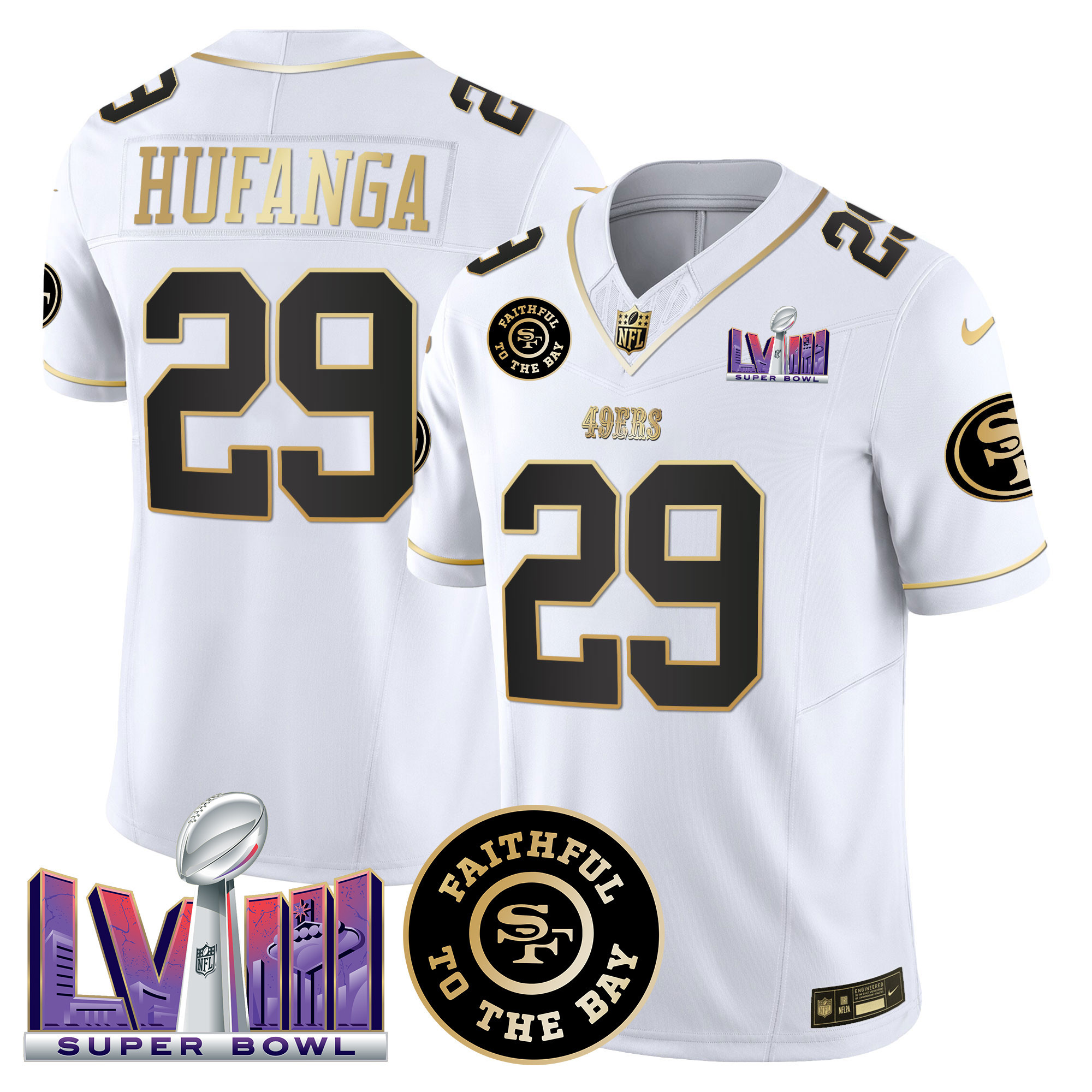 Talanoa Hufanga Men's San Francisco 49ers  Faithful & Super Bowl LVIII Patch Vapor White Gold Jersey - All Stitched