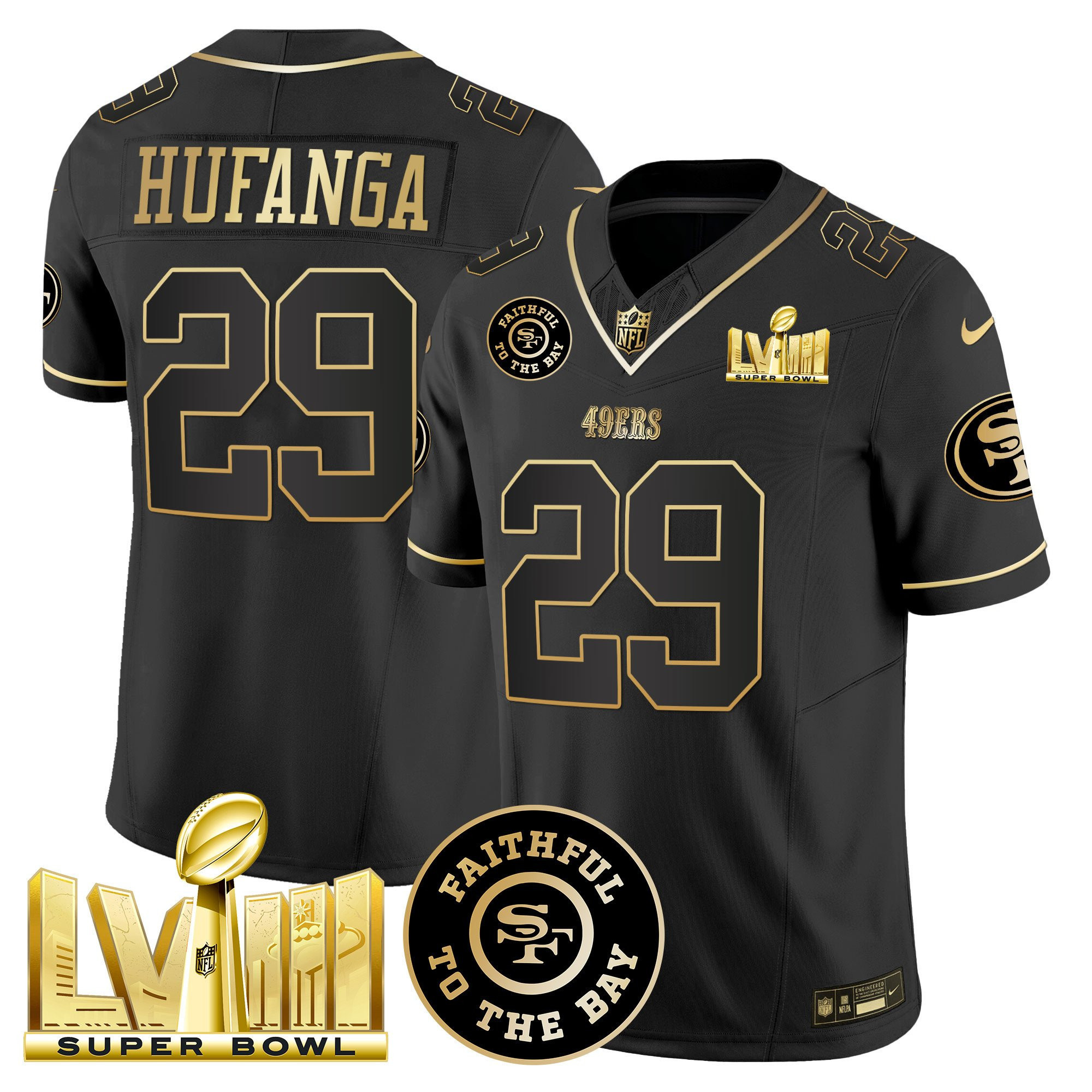 Talanoa Hufanga San Francisco 49ers Faithful & Super Bowl LVIII Gold Patch Vapor Black Jersey - All Stitched
