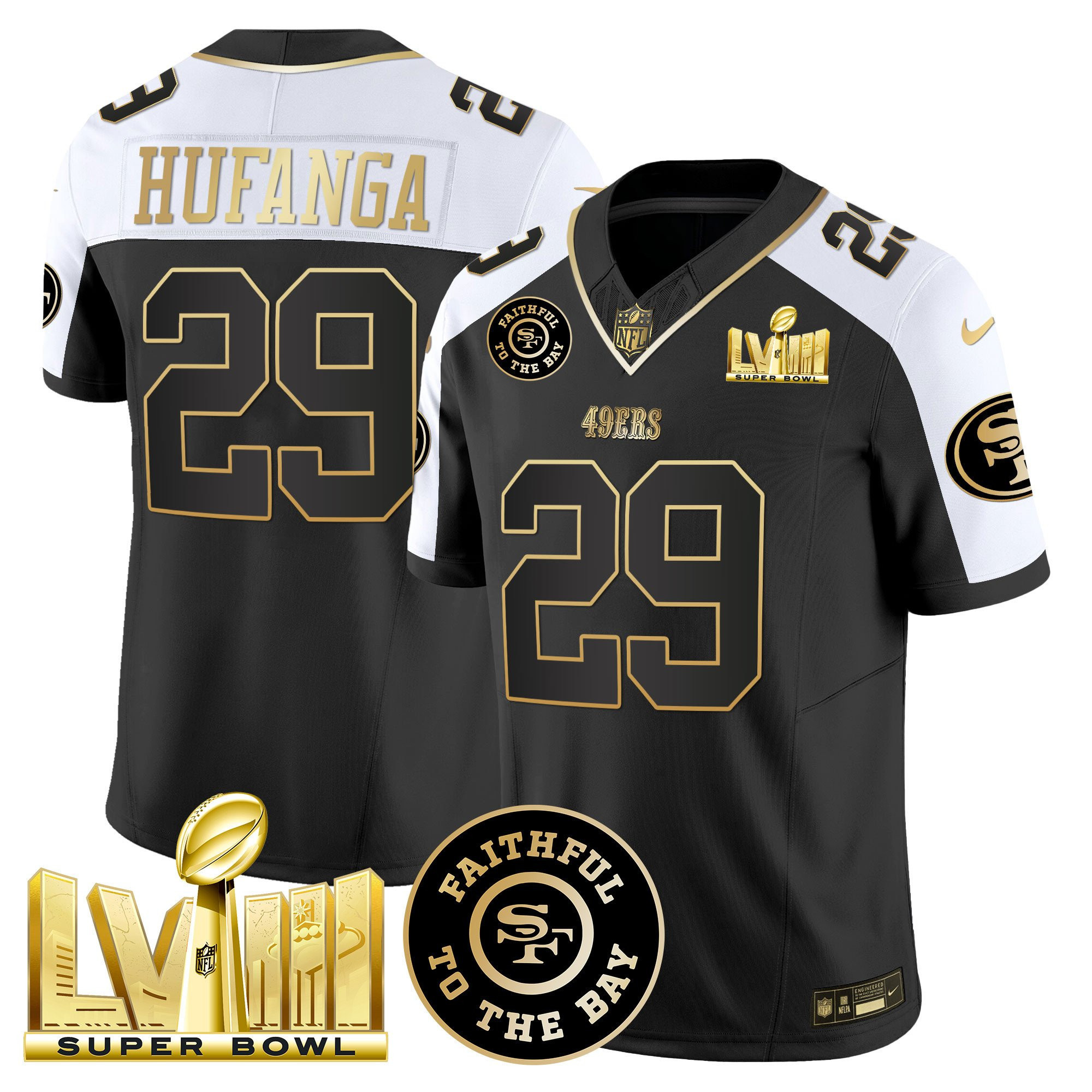 Talanoa Hufanga San Francisco 49ers Faithful & Super Bowl LVIII Gold Patch Vapor Black/White Jersey - All Stitched
