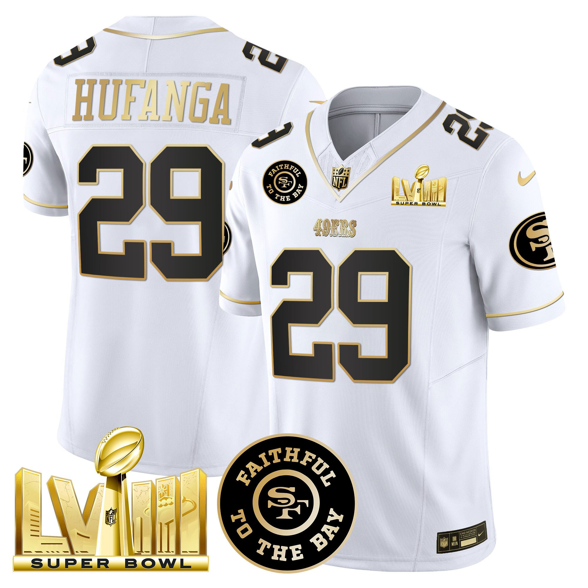 Talanoa Hufanga San Francisco 49ers Faithful & Super Bowl LVIII Gold Patch Vapor White Jersey - All Stitched