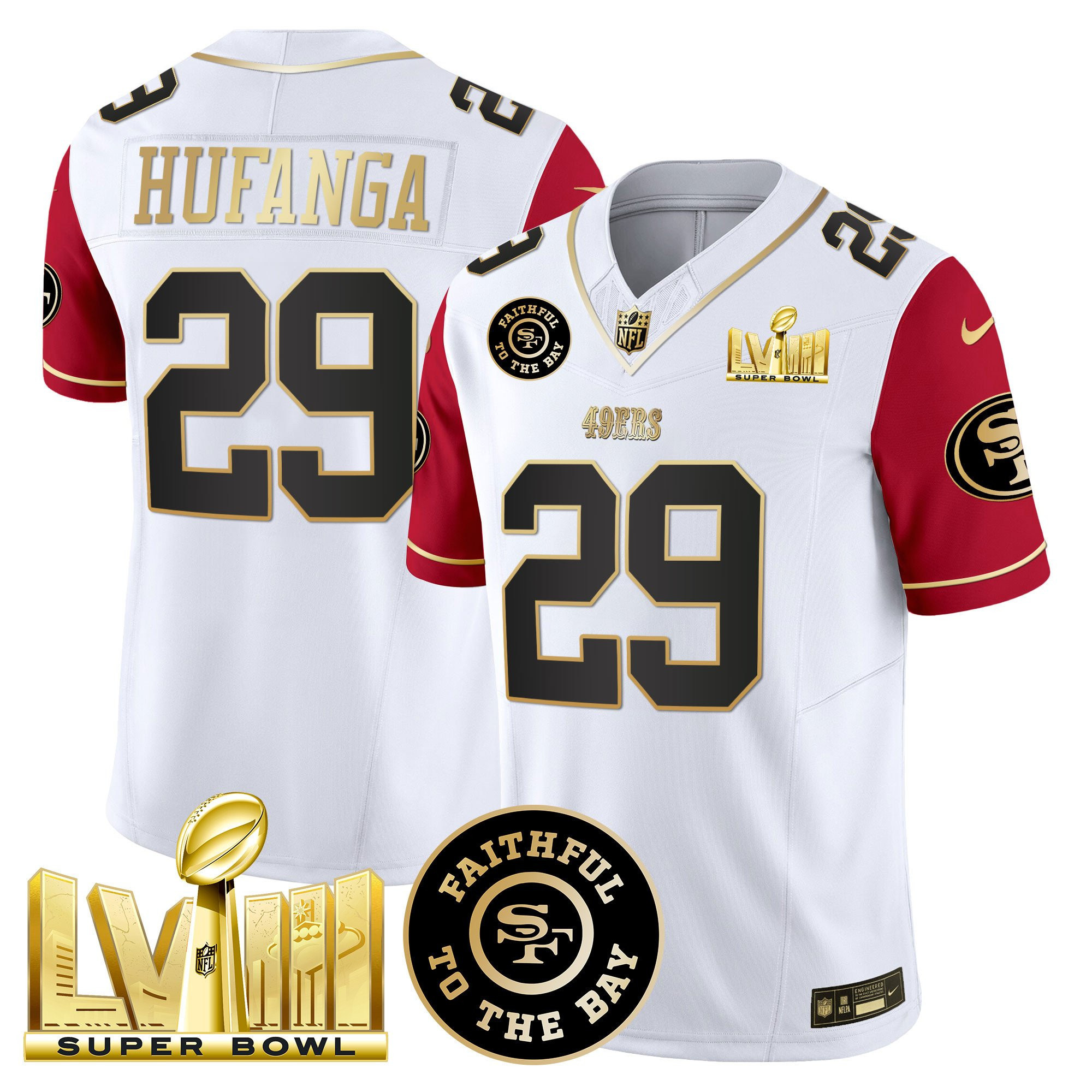 Talanoa Hufanga San Francisco 49ers Faithful & Super Bowl LVIII Gold Patch Vapor White/Red Jersey - All Stitched