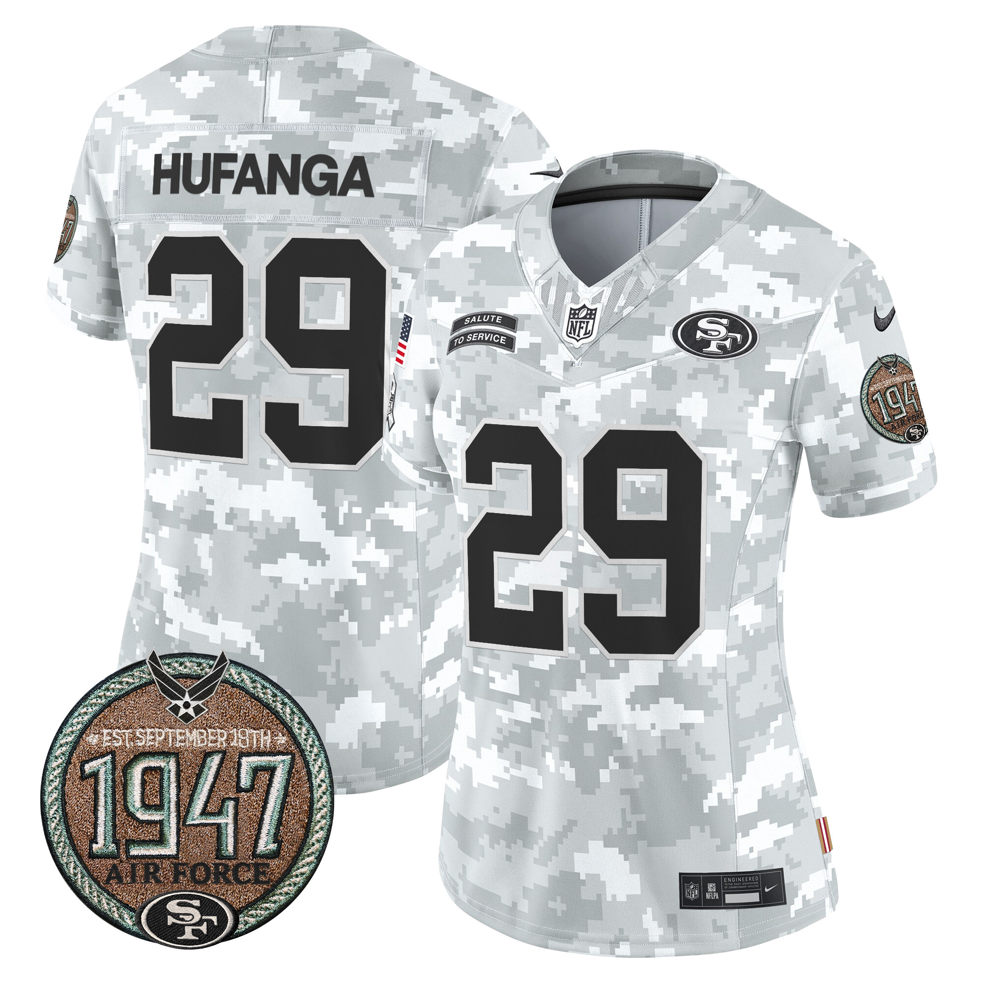 Talanoa Hufanga Women's San Francisco 49ers 2024 Salute to Service Establishment Year Patch Vapor Limited Air Force Jersey - All Stitched