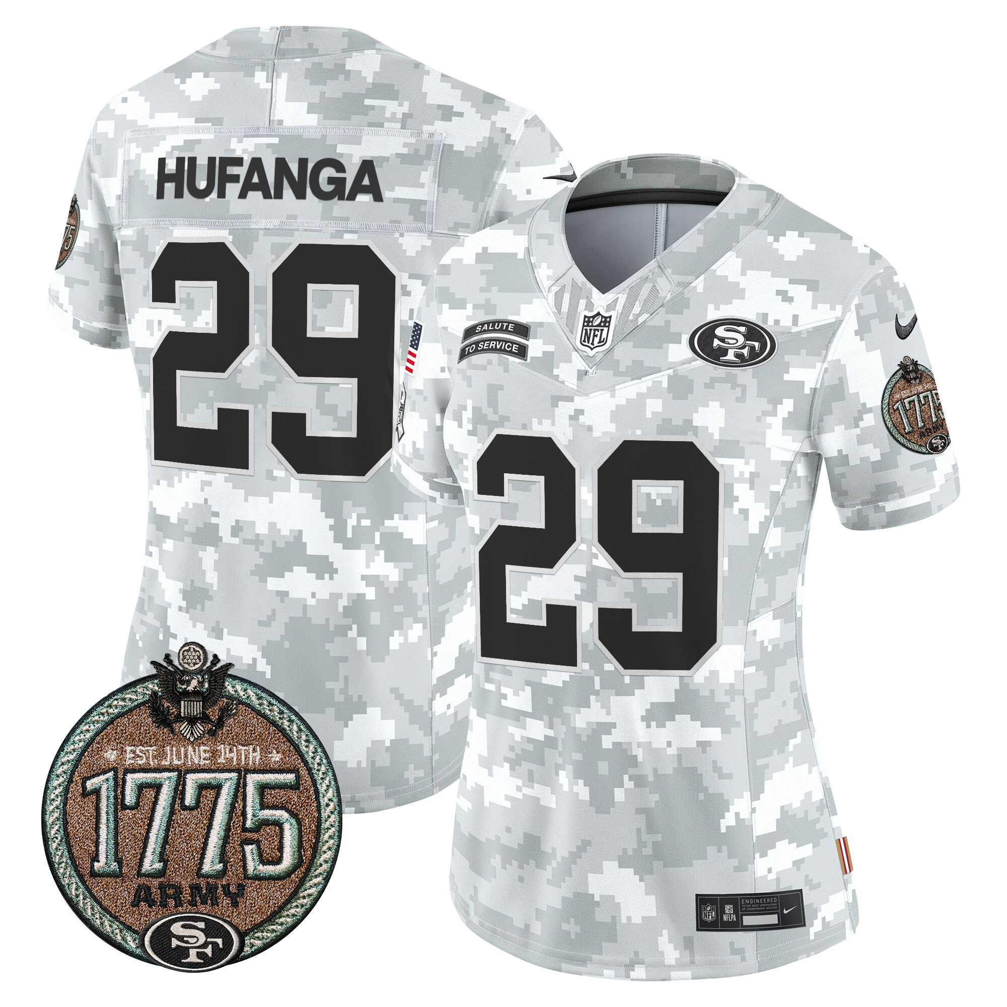 Talanoa Hufanga Women's San Francisco 49ers 2024 Salute to Service Establishment Year Patch Vapor Limited Army Jersey - All Stitched