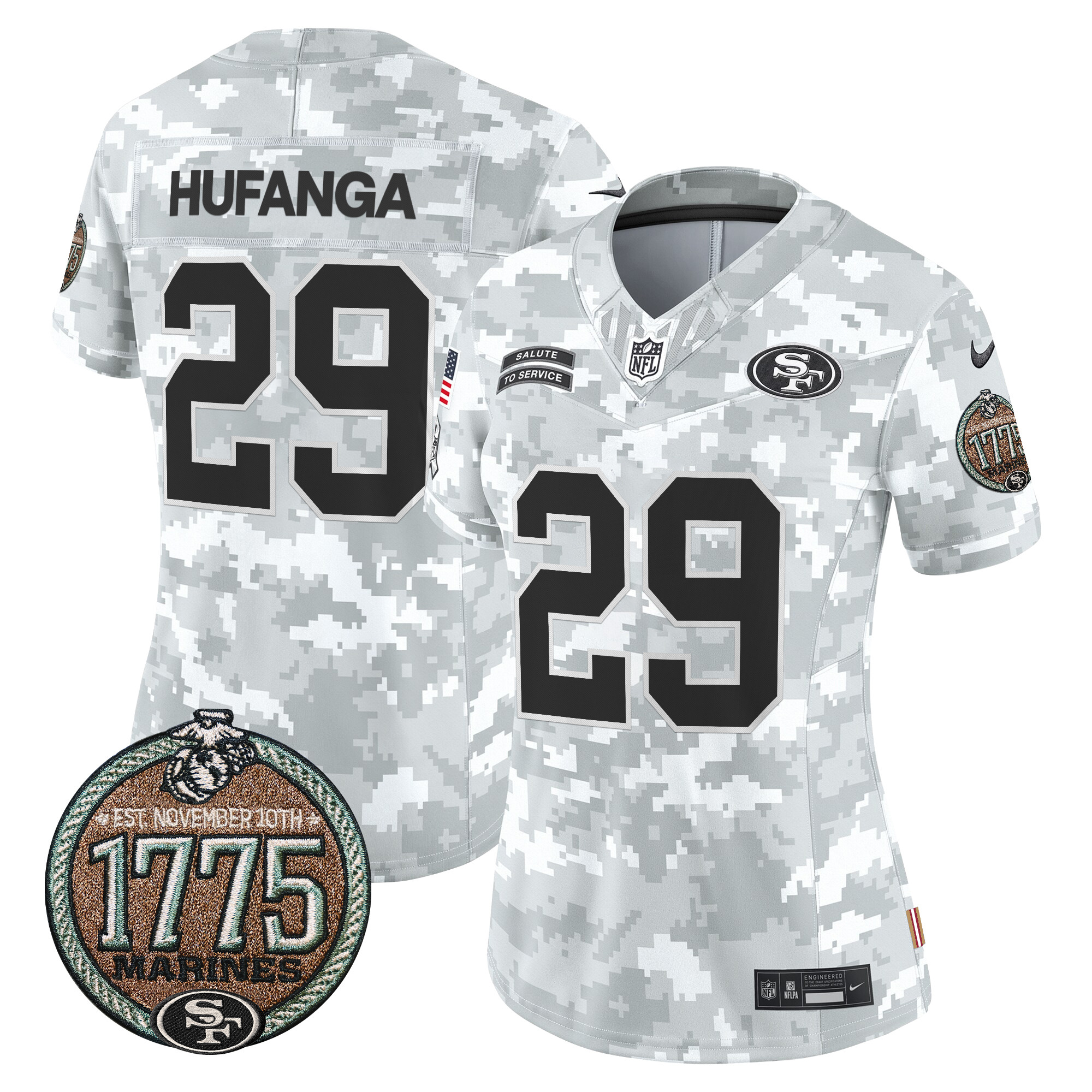 Talanoa Hufanga Women's San Francisco 49ers 2024 Salute to Service Establishment Year Patch Vapor Limited Marines Jersey - All Stitched