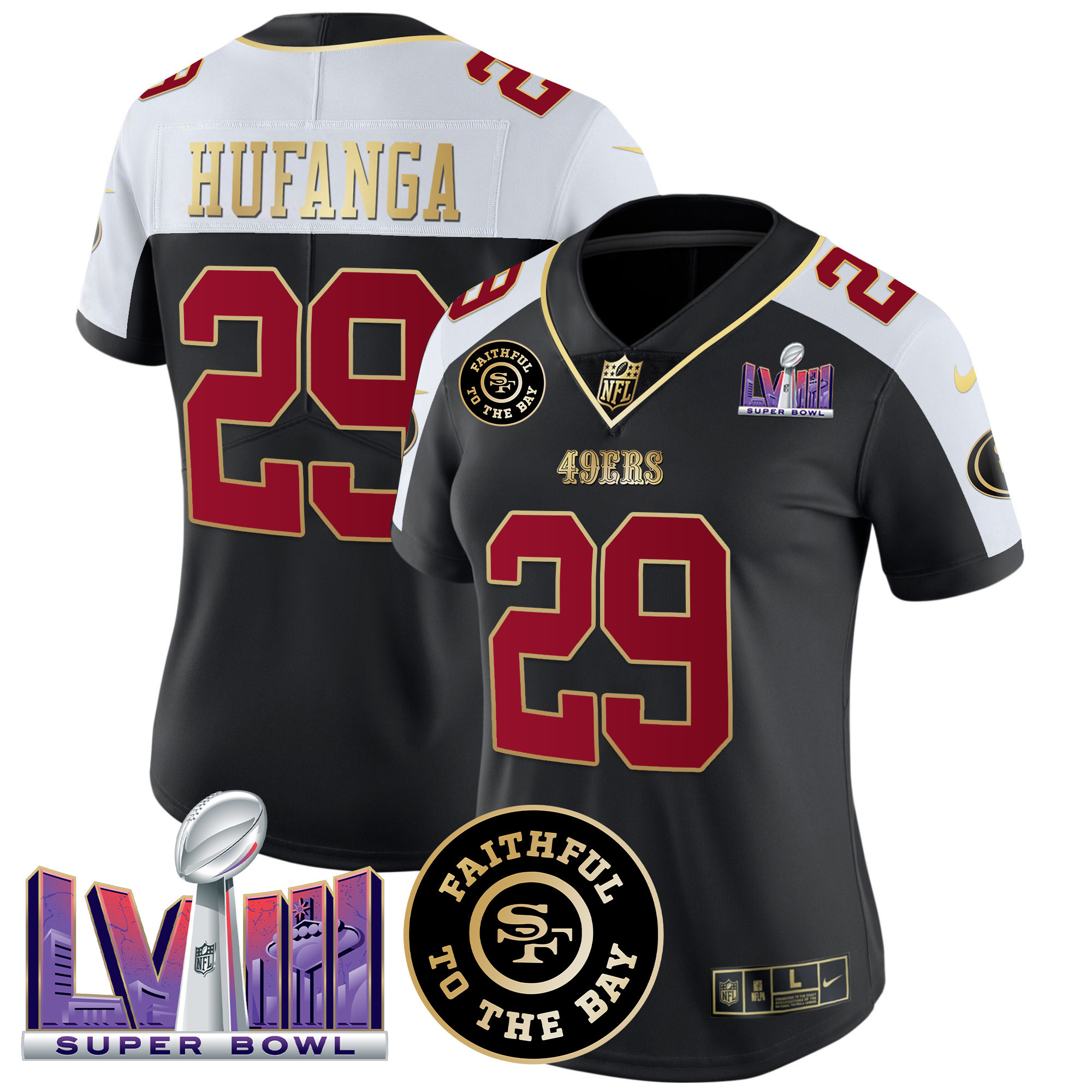 Talanoa Hufanga Women's San Francisco 49ers  Faithful & Super Bowl LVIII Patch Vapor Black Alternate Jersey - All Stitched