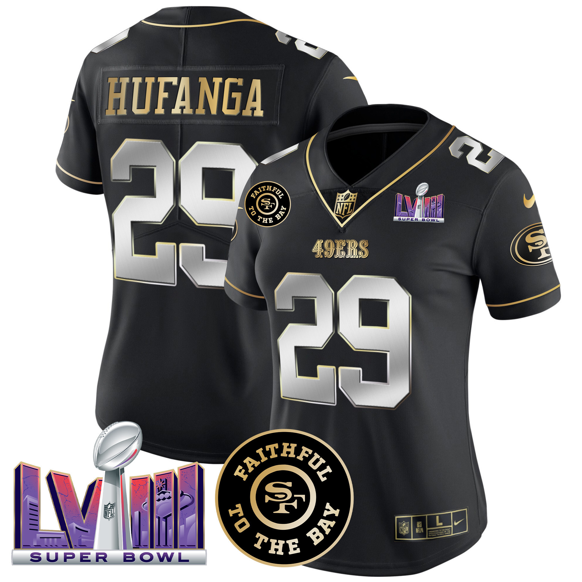 Talanoa Hufanga Women's San Francisco 49ers  Faithful & Super Bowl LVIII Patch Vapor Black Limited Jersey - All Stitched
