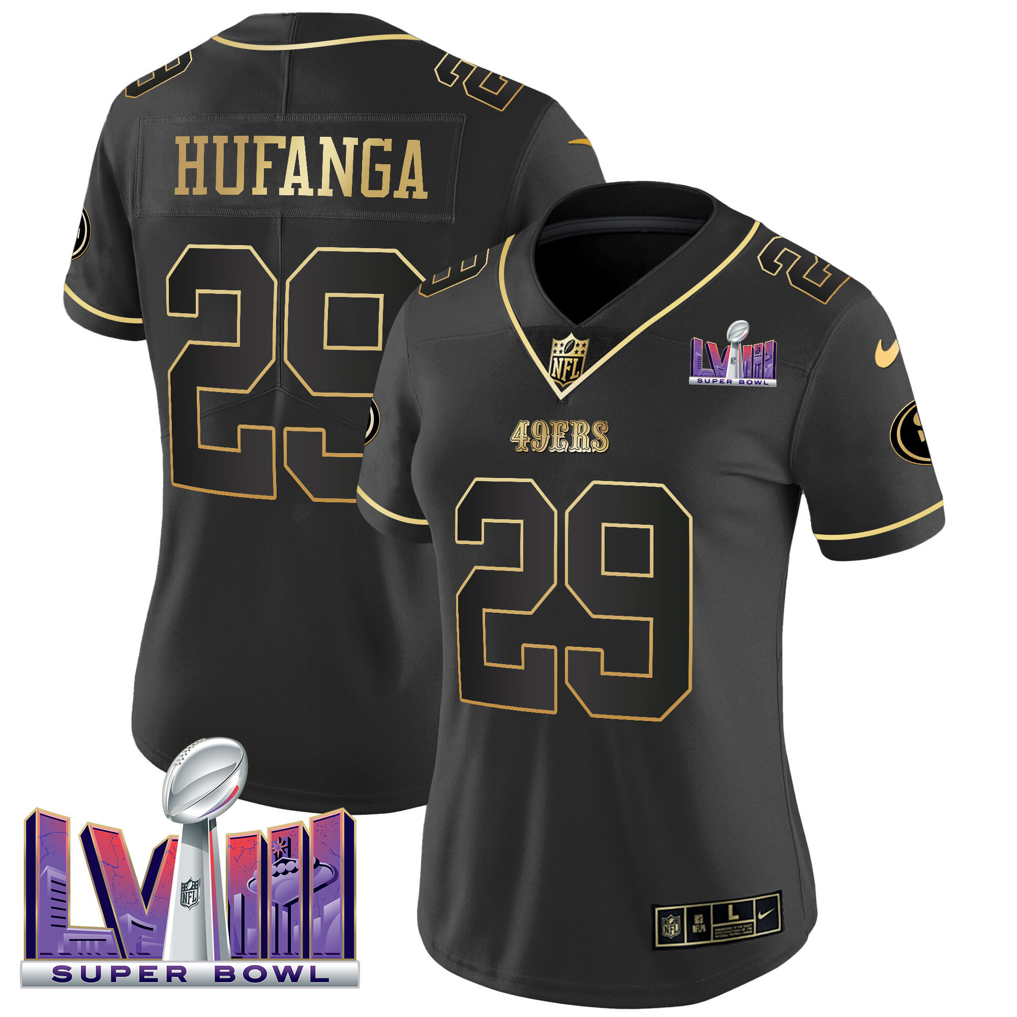 Talanoa Hufanga Women's San Francisco 49ers  Super Bowl LVIII Patch Vapor Black Gold Jersey - All Stitched