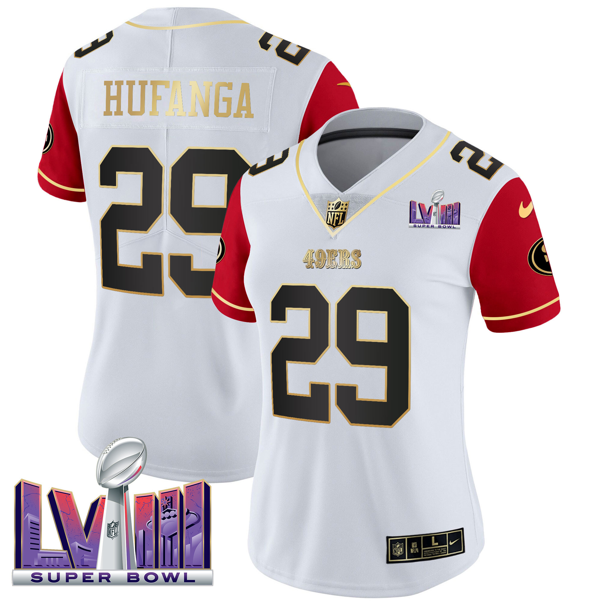 Talanoa Hufanga Women's San Francisco 49ers  Super Bowl LVIII Patch Vapor Color Sleeves Jersey - All Stitched