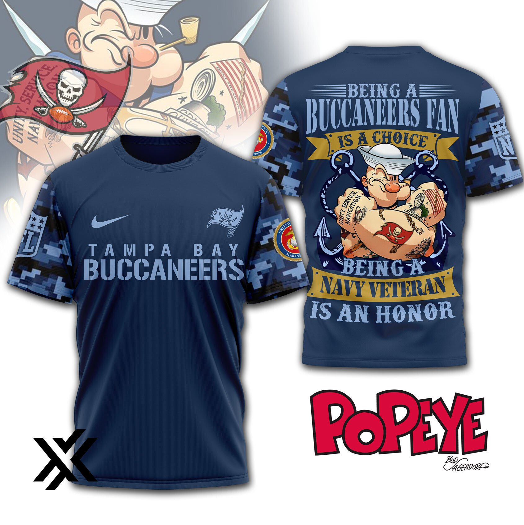Tampa Bay Buccaneers NFL Popeye Navy Veteran 3D Tshirt