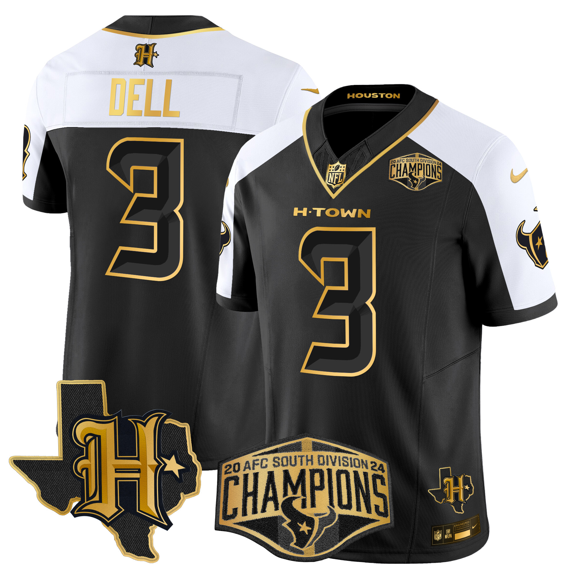 Tank Dell Men's Houston Texans 2024 AFC South Division Champions Patch Gold Vapor Limited Alternate Jersey - All Stitched