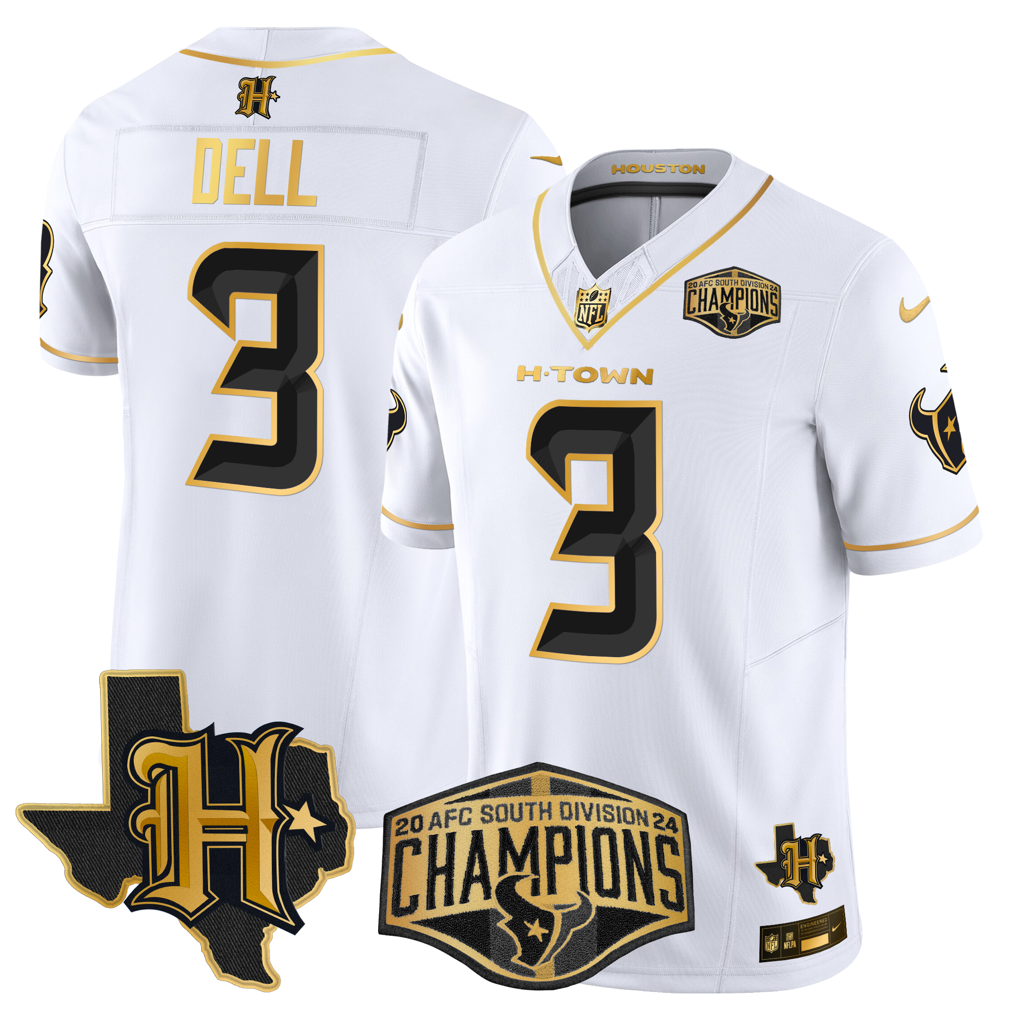 Tank Dell Men's Houston Texans 2024 AFC South Division Champions Patch Gold Vapor Limited White Gold Jersey - All Stitched