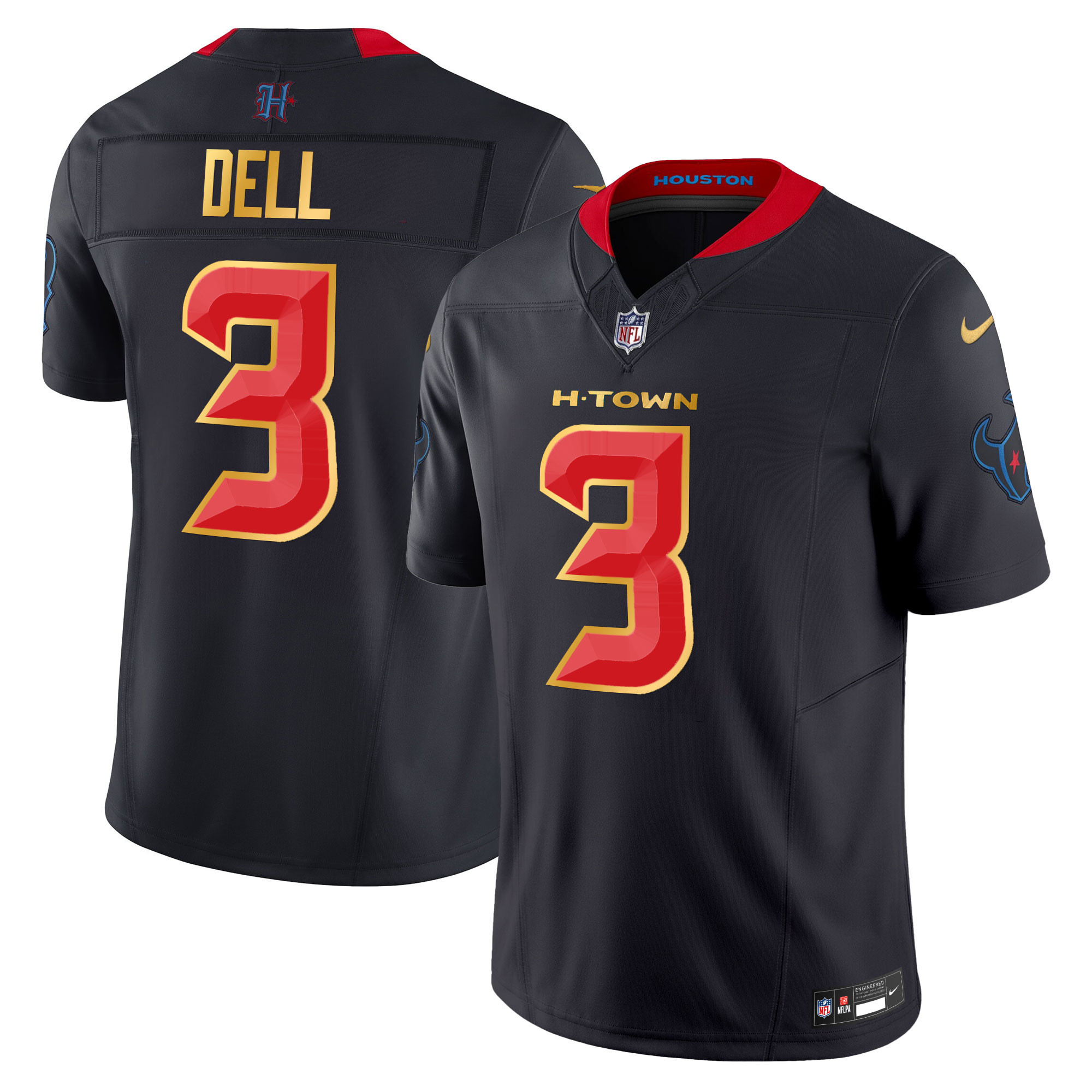 Tank Dell Men's Houston Texans 2024 Gold Trim Vapor Limited Navy Limited Jersey - All Stitched