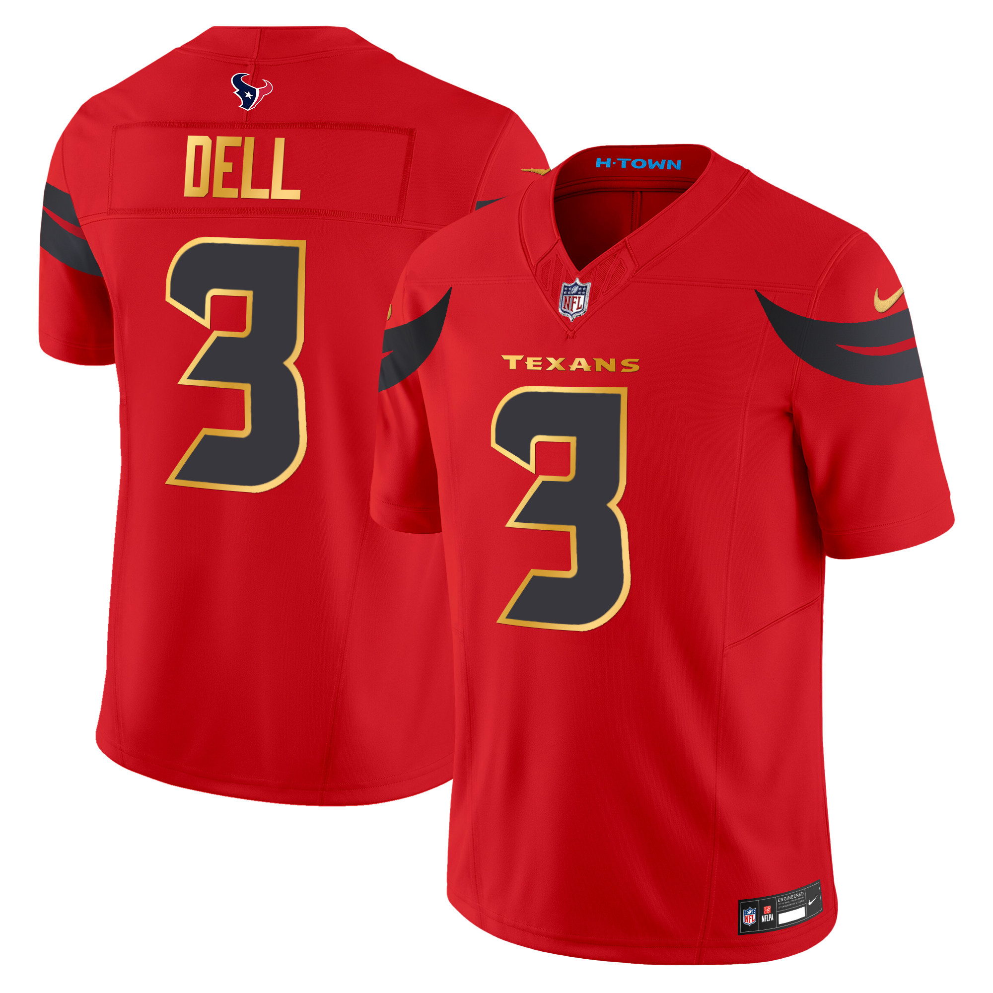 Tank Dell Men's Houston Texans 2024 Gold Trim Vapor Limited Red Jersey - All Stitched