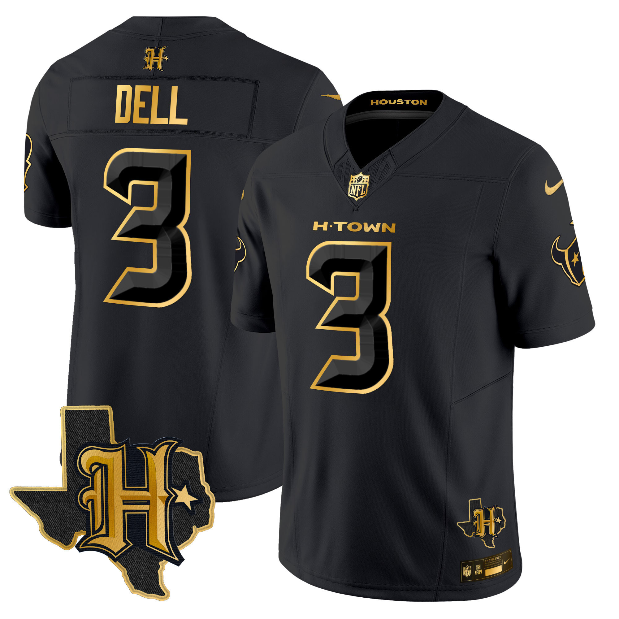 Tank Dell Men's Houston Texans 2024 Texas Patch Gold Vapor Limited Black Gold Jersey - All Stitched