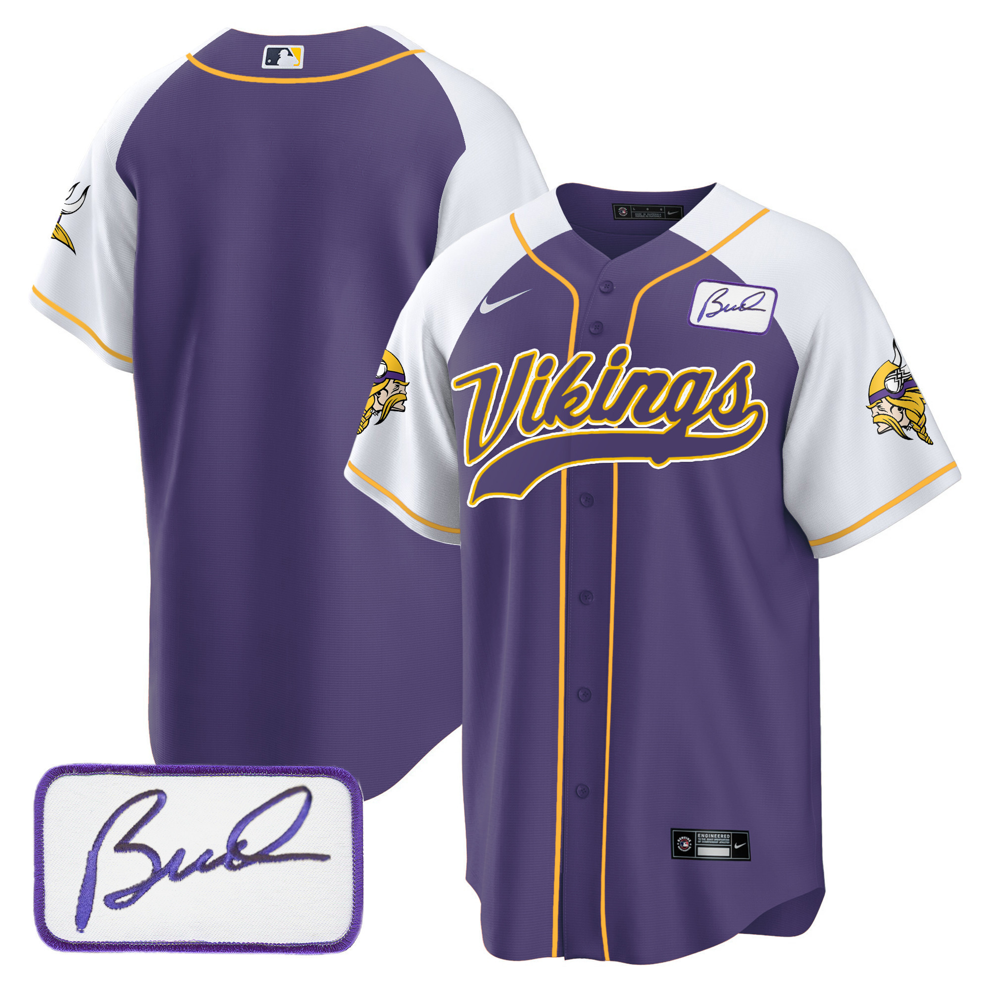 Team Men's Minnesota Vikings Bud Grant Patch Classic Baseball Alternate Jersey - All Stitched