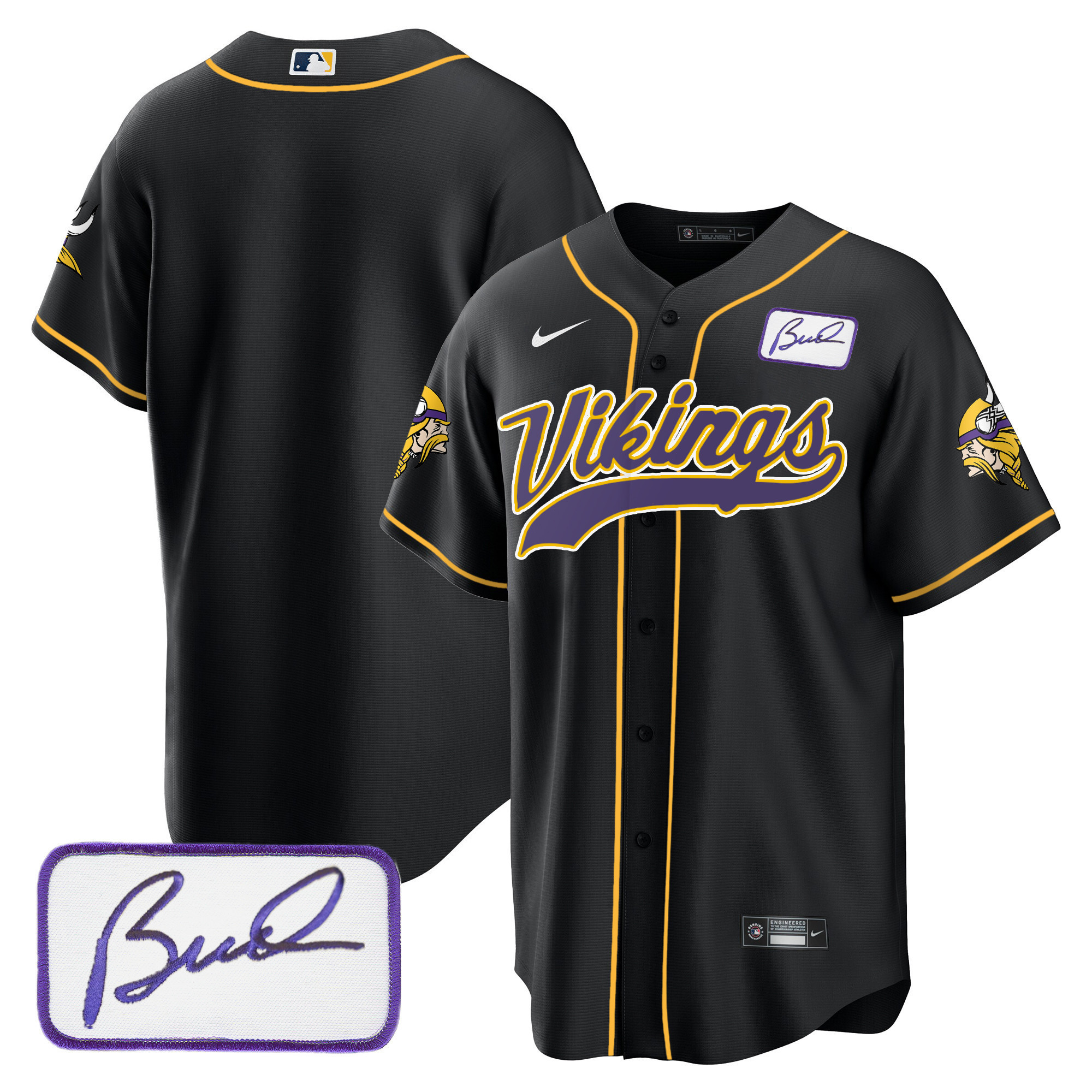 Team Men's Minnesota Vikings Bud Grant Patch Classic Baseball Black Jersey - All Stitched