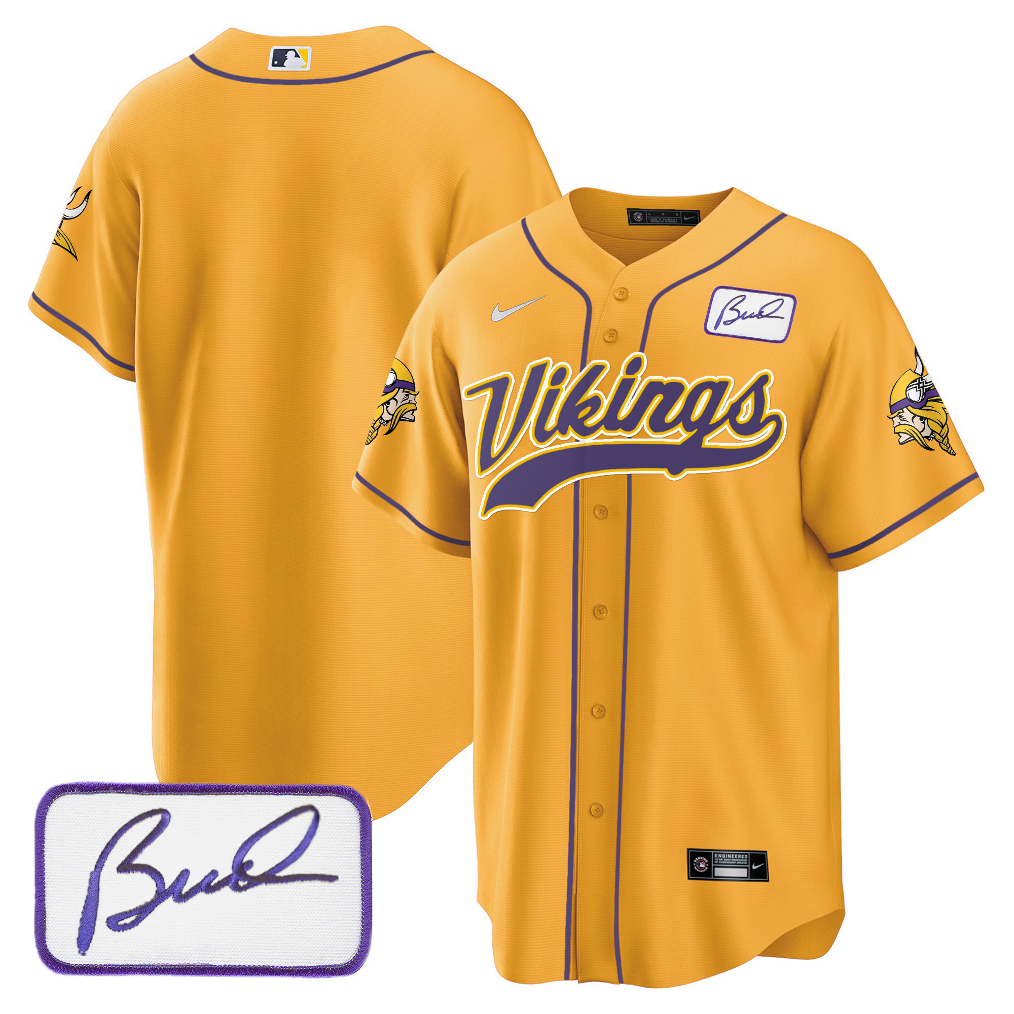 Team Men's Minnesota Vikings Bud Grant Patch Classic Baseball Gold Jersey - All Stitched