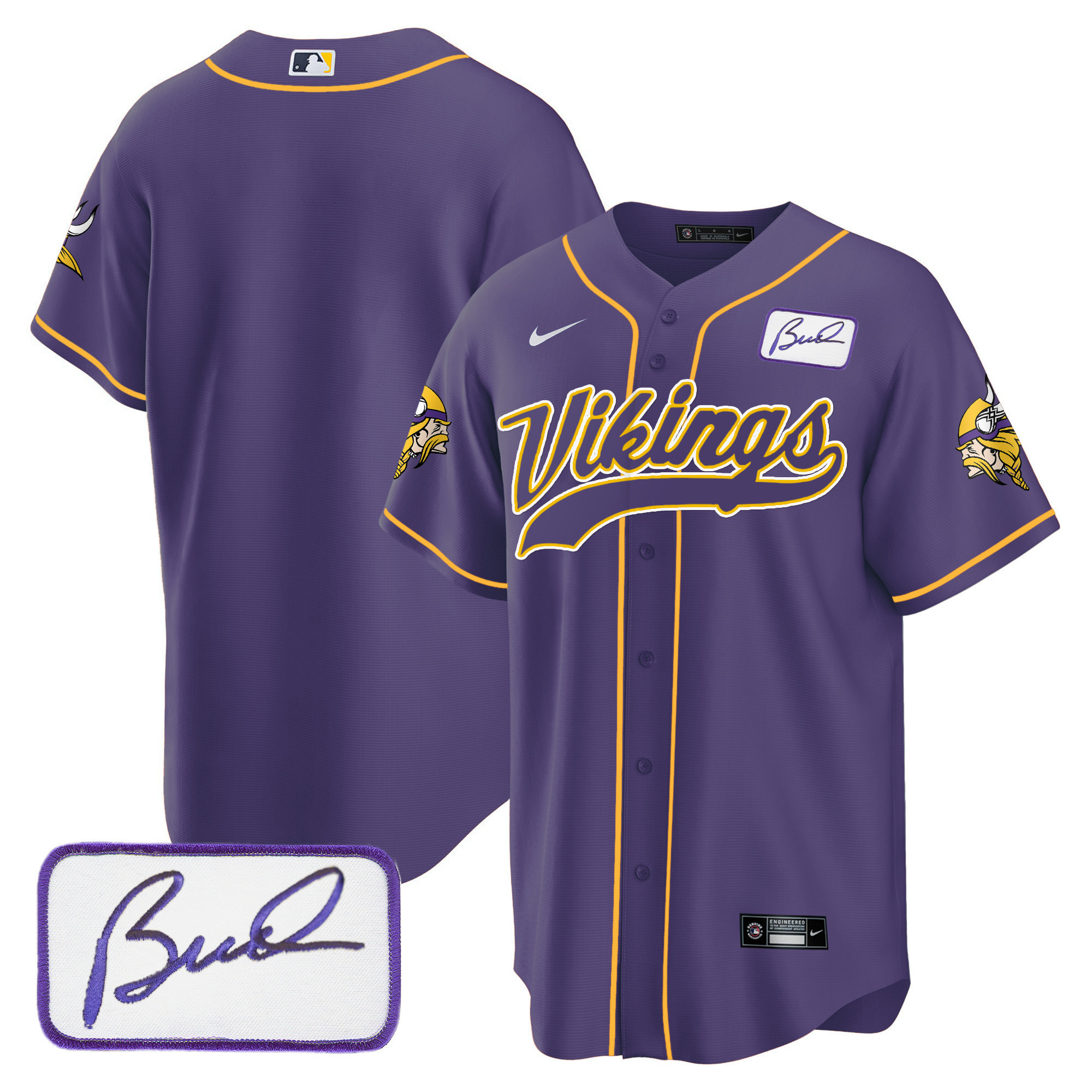 Team Men's Minnesota Vikings Bud Grant Patch Classic Baseball Purple Jersey - All Stitched