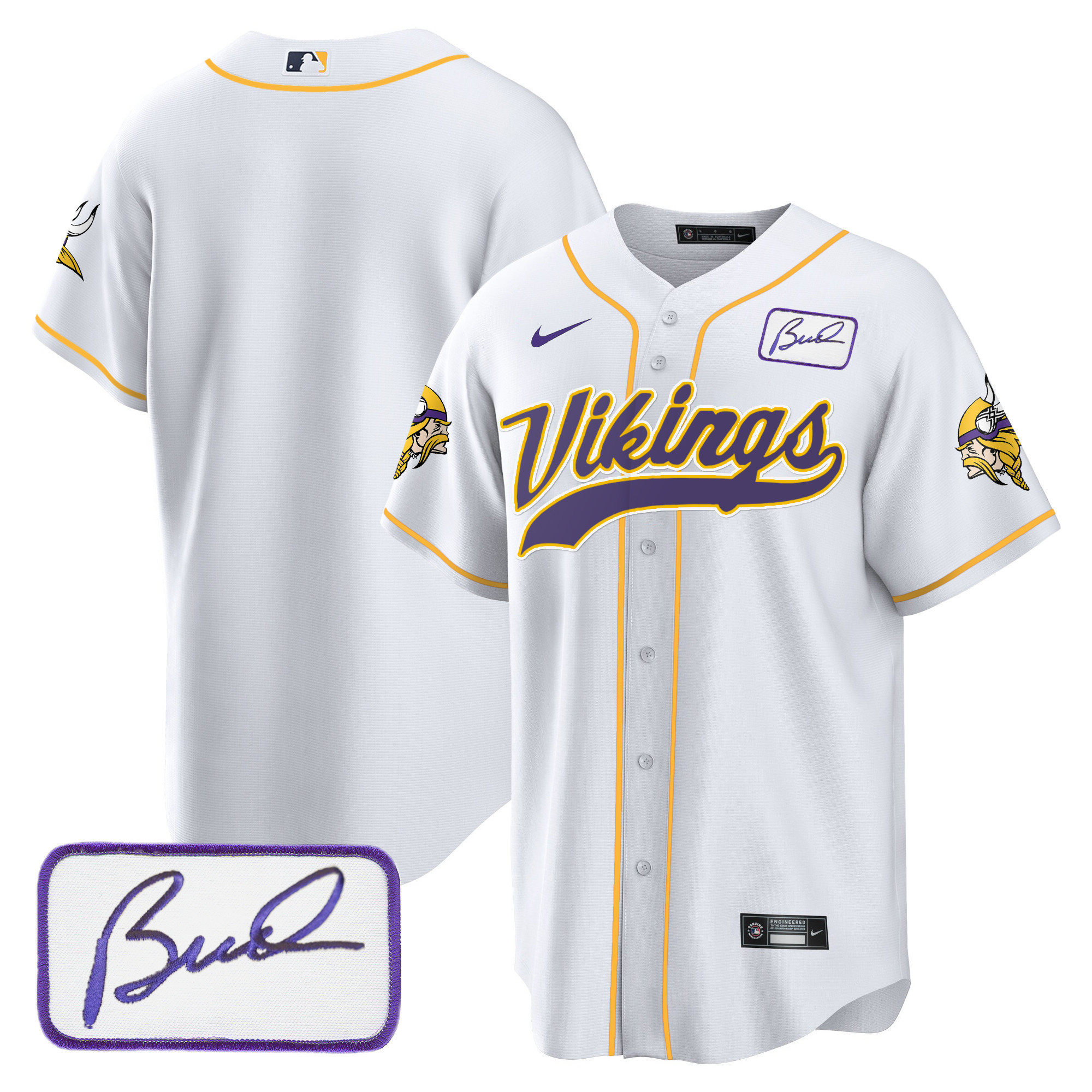 Team Men's Minnesota Vikings Bud Grant Patch Classic Baseball White Jersey - All Stitched