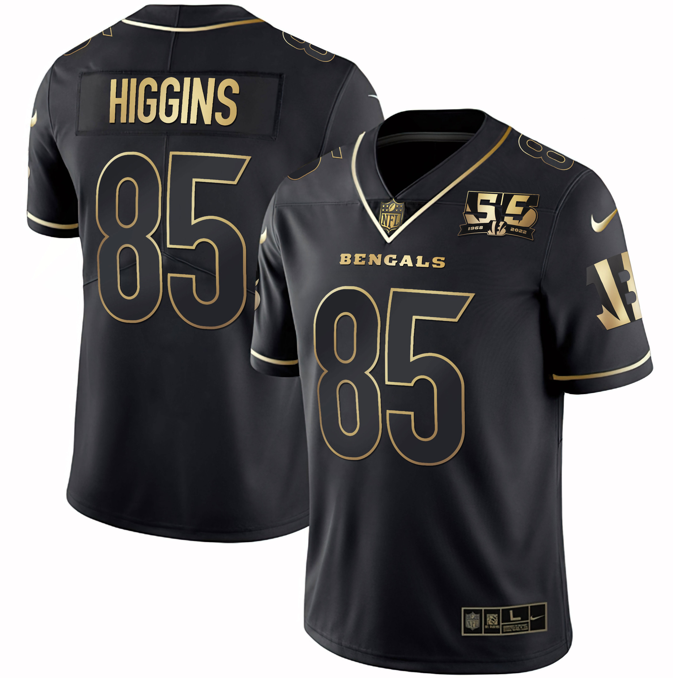 Tee Higgins Men's Cincinnati Bengals 55th 1968 - 2022 Anniversary Patch White Gold & Black Gold Black Gold Jersey - All Stitched