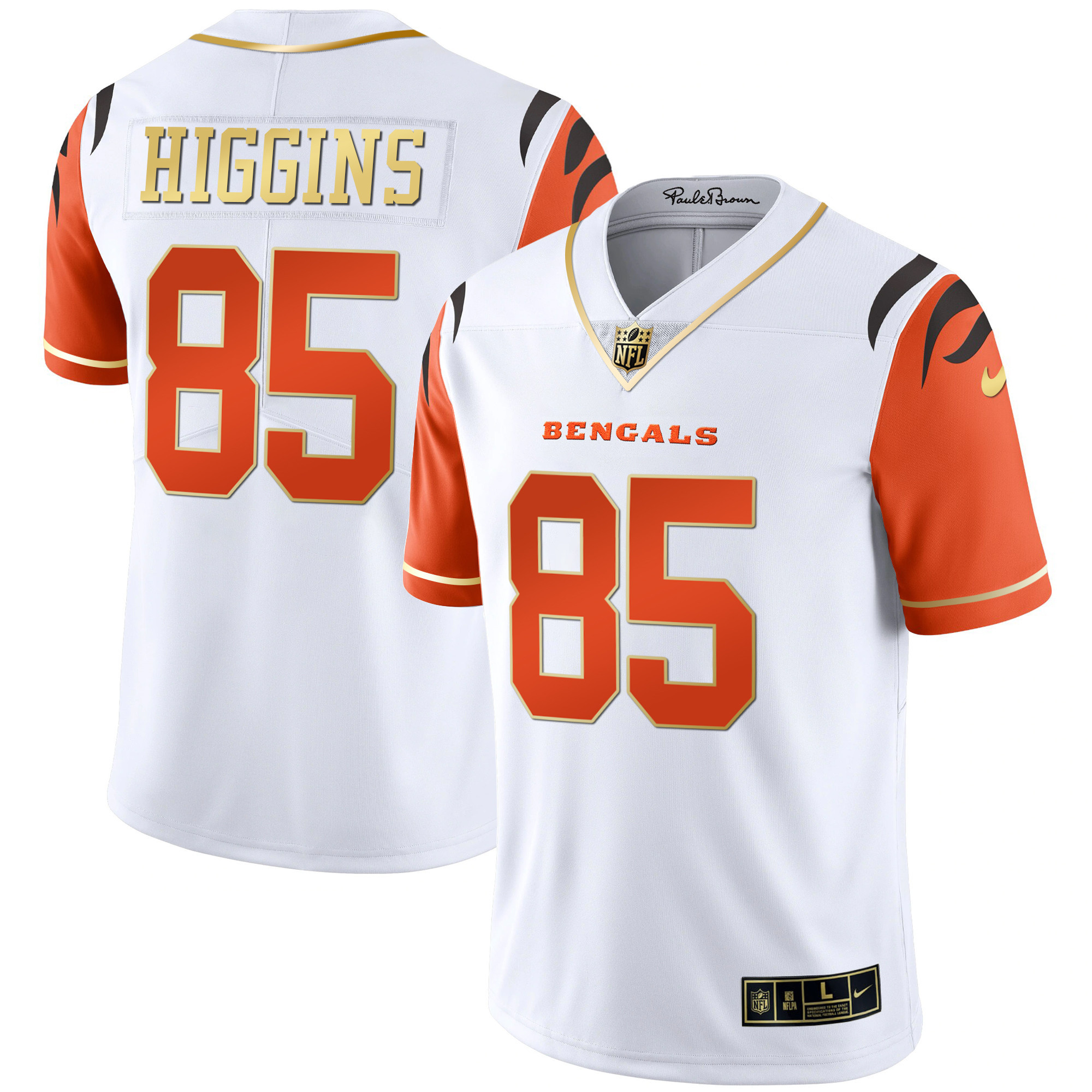 Tee Higgins Men's Cincinnati Bengals Black Gold & White Gold Vapor Sleeves Limited Jersey - All Stitched