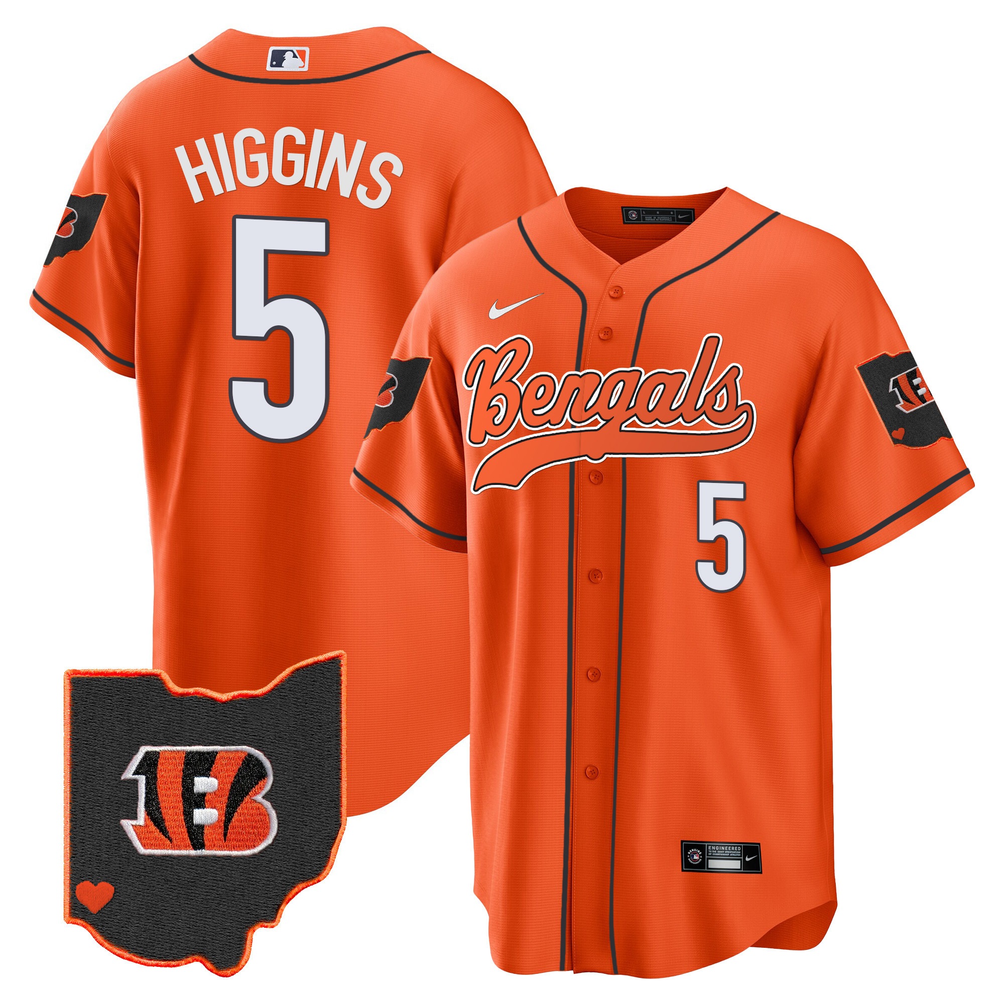 Tee Higgins Men's Cincinnati Bengals Ohio Patch Baseball Orange Jersey - All Stitched