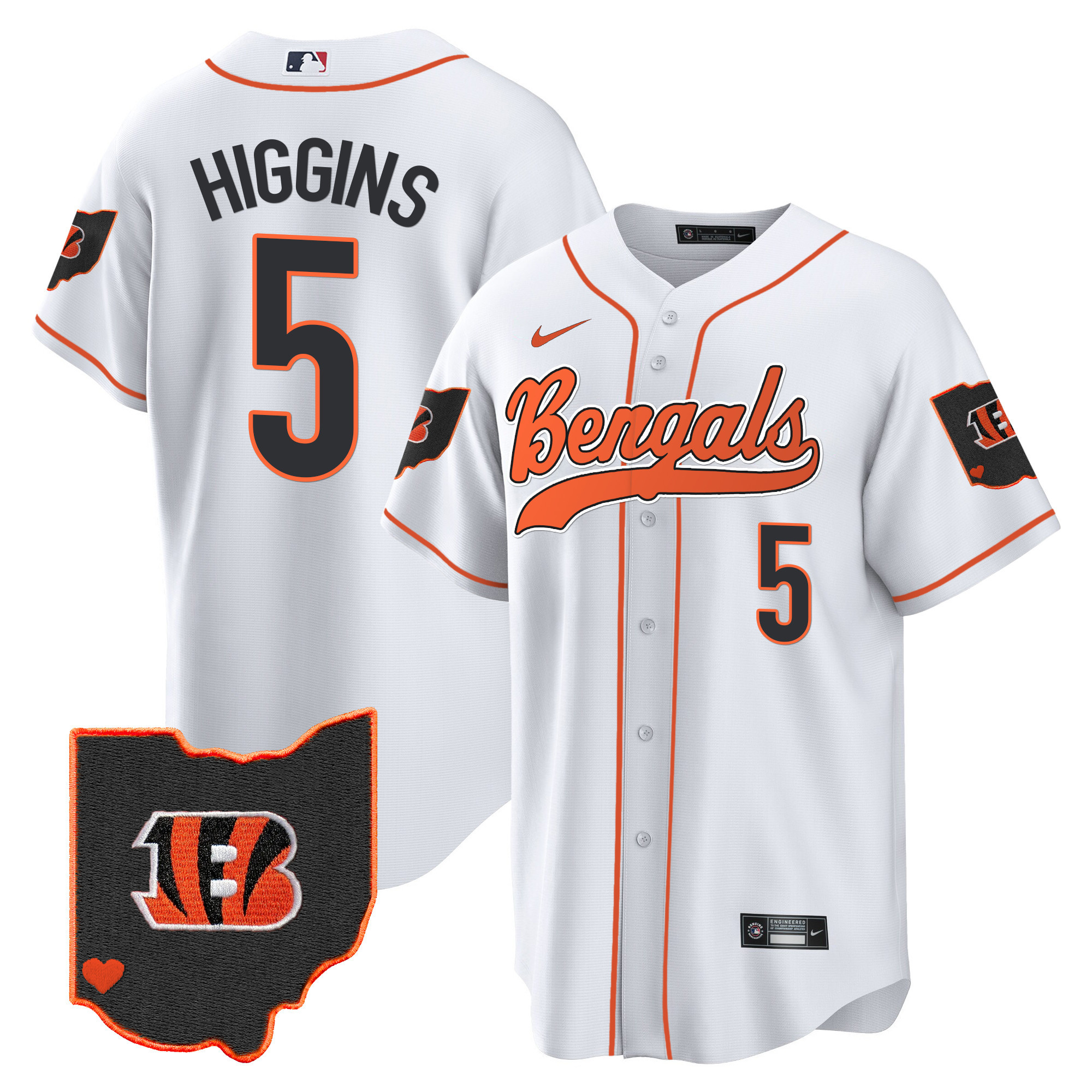 Tee Higgins Men's Cincinnati Bengals Ohio Patch Baseball White Jersey - All Stitched