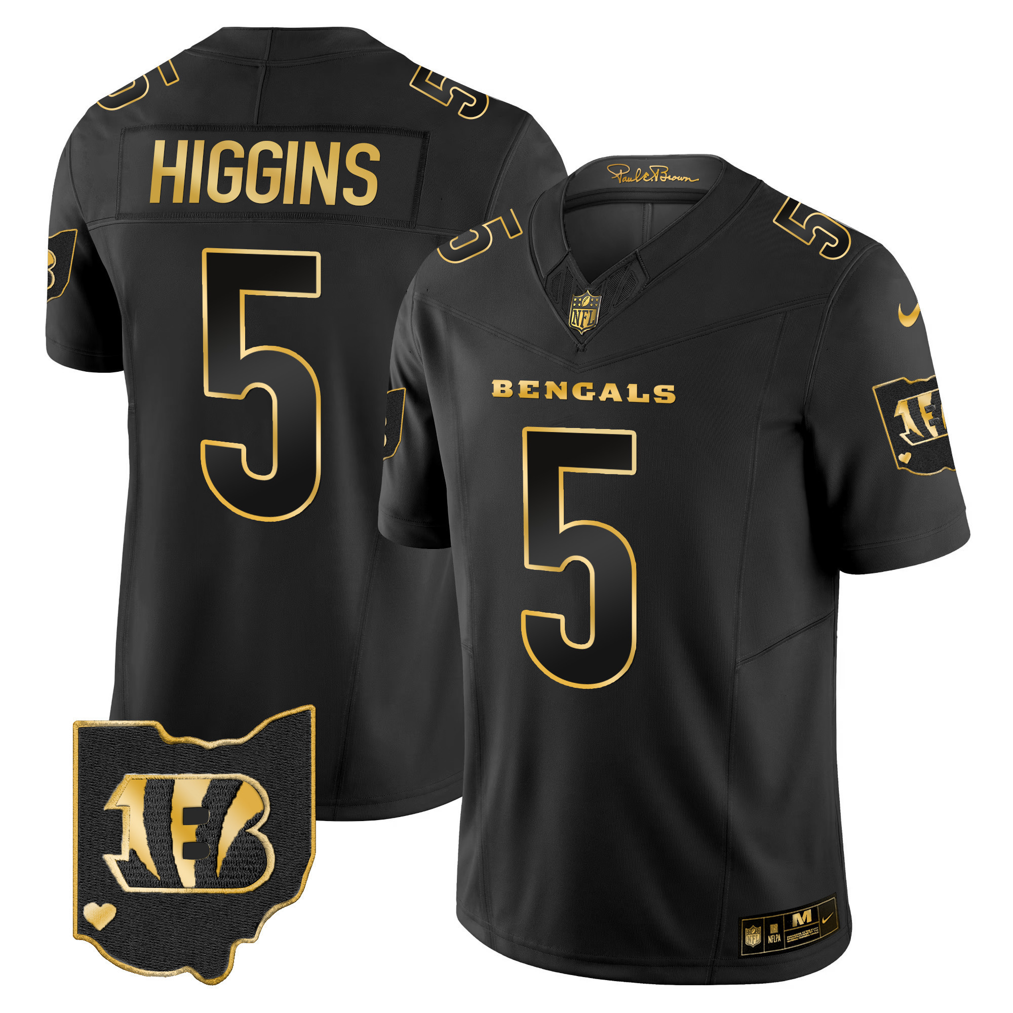 Tee Higgins Men's Cincinnati Bengals Ohio Patch Gold Vapor Limited Black Gold Jersey - All Stitched