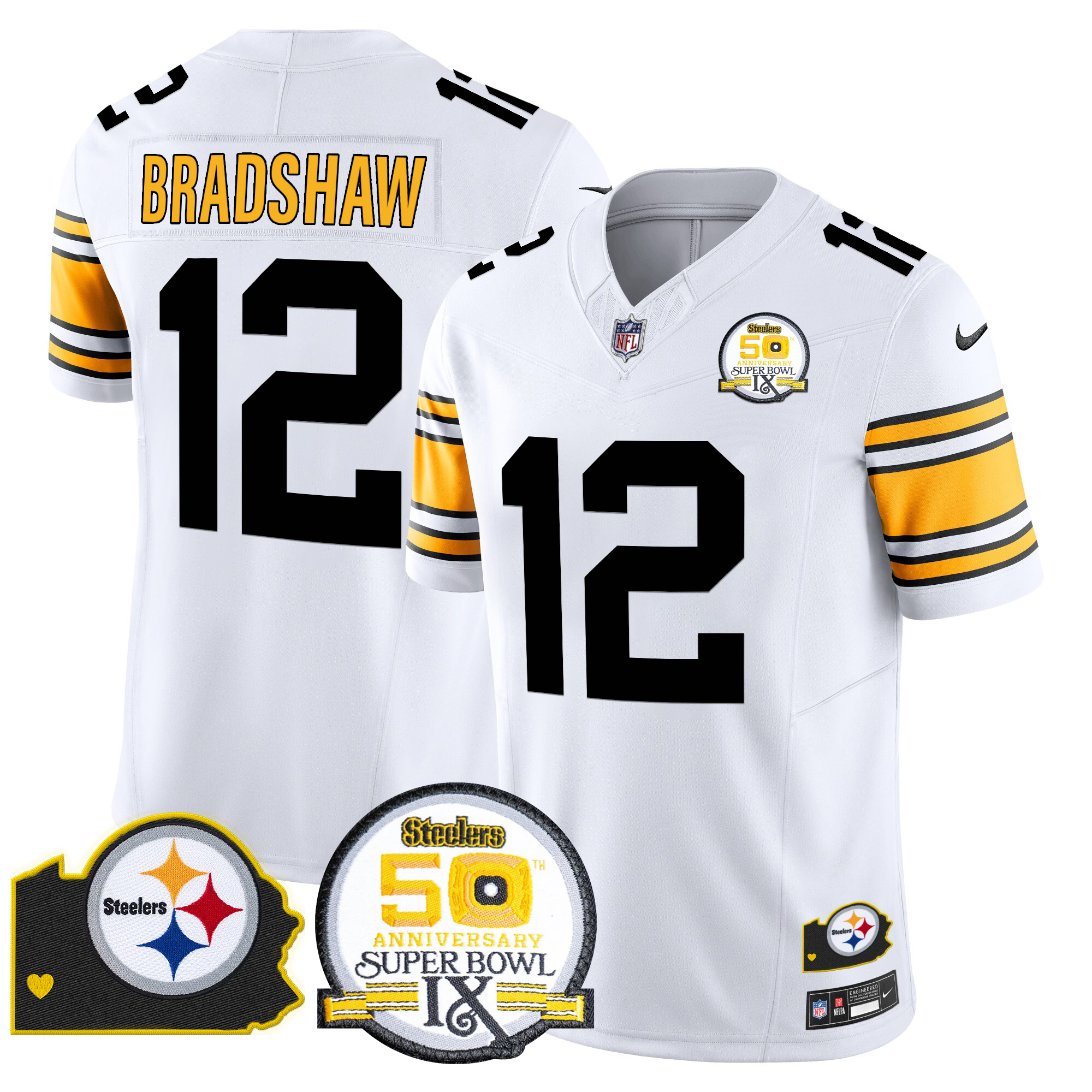 Terry Bradshaw Men's Pittsburgh Steelers 50th Anniversary Of Super Bowl IX & Map Patch Vapor Limited 1975 White Jersey - All Stitched